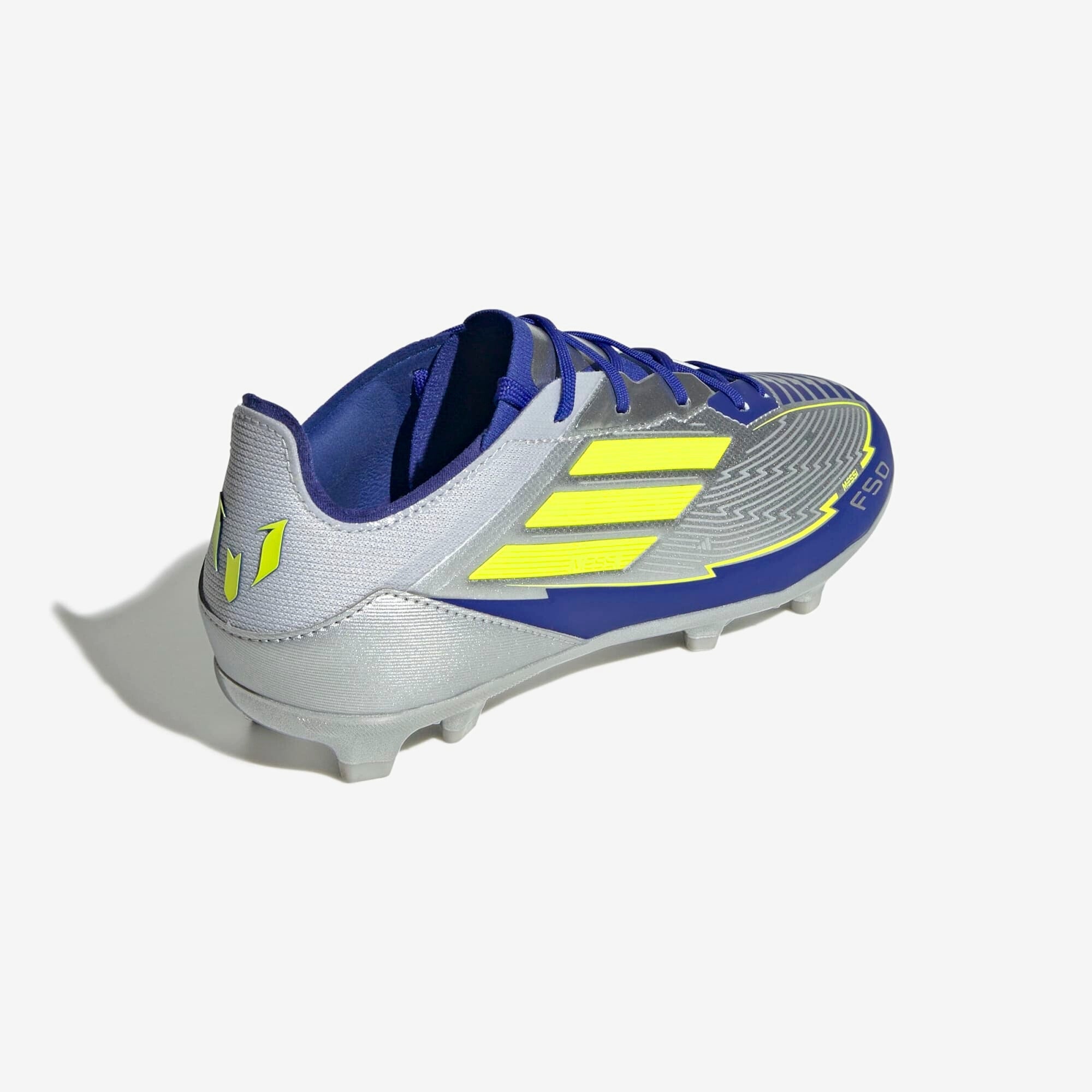 adidas Jr. F50 Elite Messi Big Kids' FG Low-Top Soccer Cleats - Silver Metallic / Solar Yellow / Lucid Blue