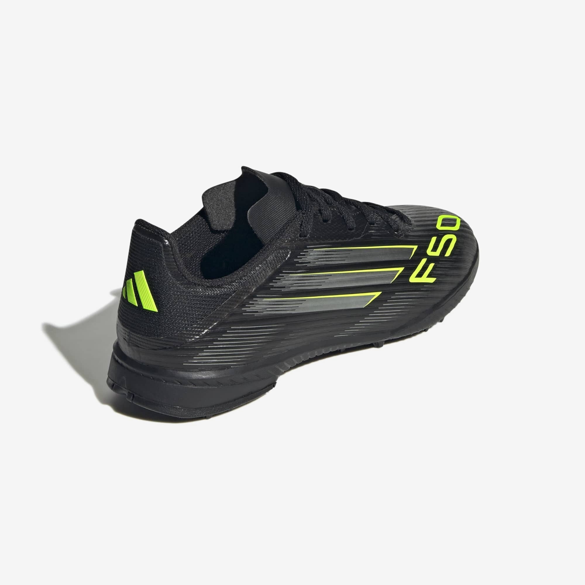 adidas Jr. F50 League Big Kids' Turf Low-Top Soccer Shoes - Core Black / Iron Metallic / Lucid Lemon