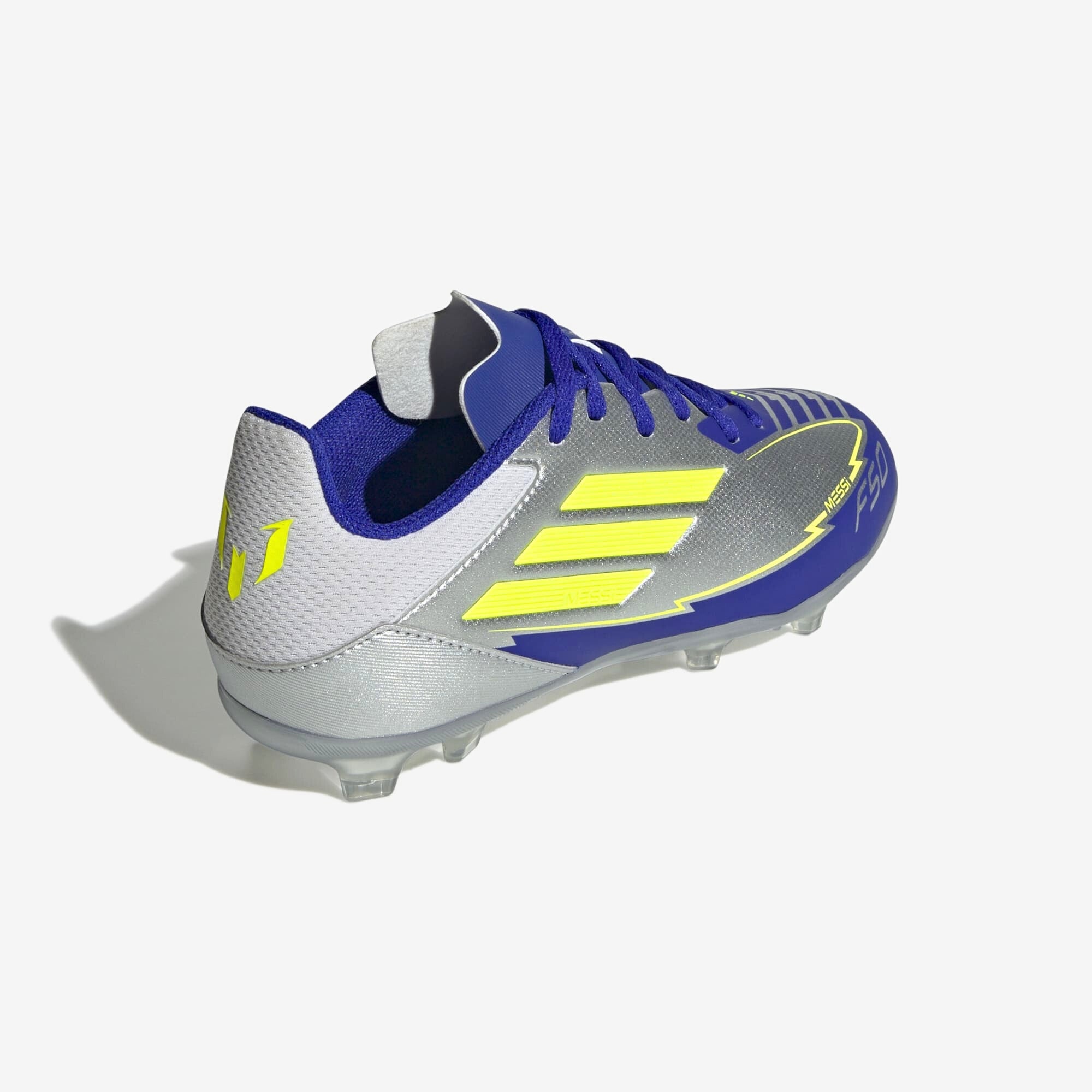 adidas Jr. F50 League Messi Little/Big Kids' FG/MG Low-Top Soccer Cleats - Silver Metallic / Solar Yellow / Lucid Blue