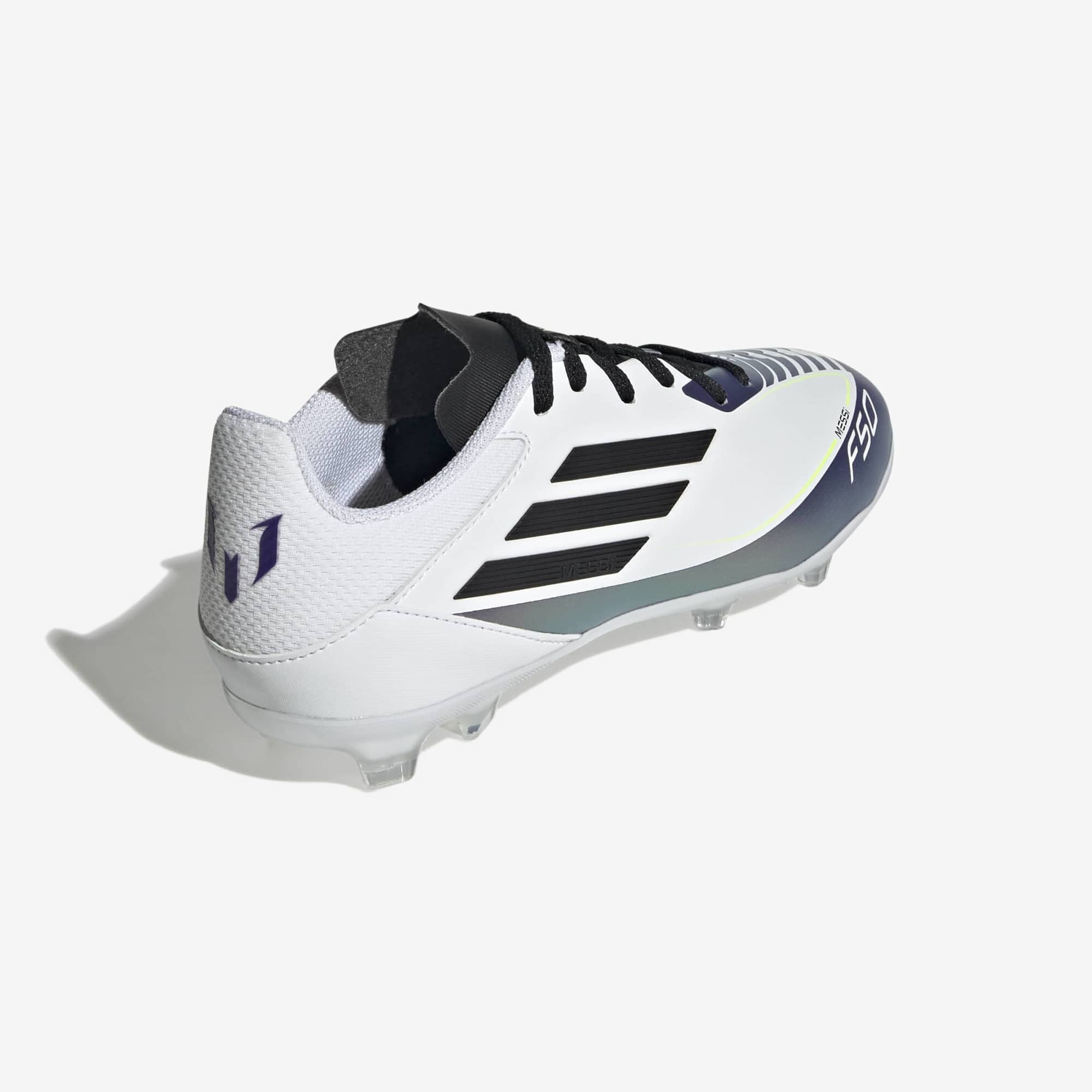 adidas Jr. Messi F50 League Big Kids' Firm/Multi-Ground Low-Top Soccer Cleats - Cloud White / Core Black / Purple