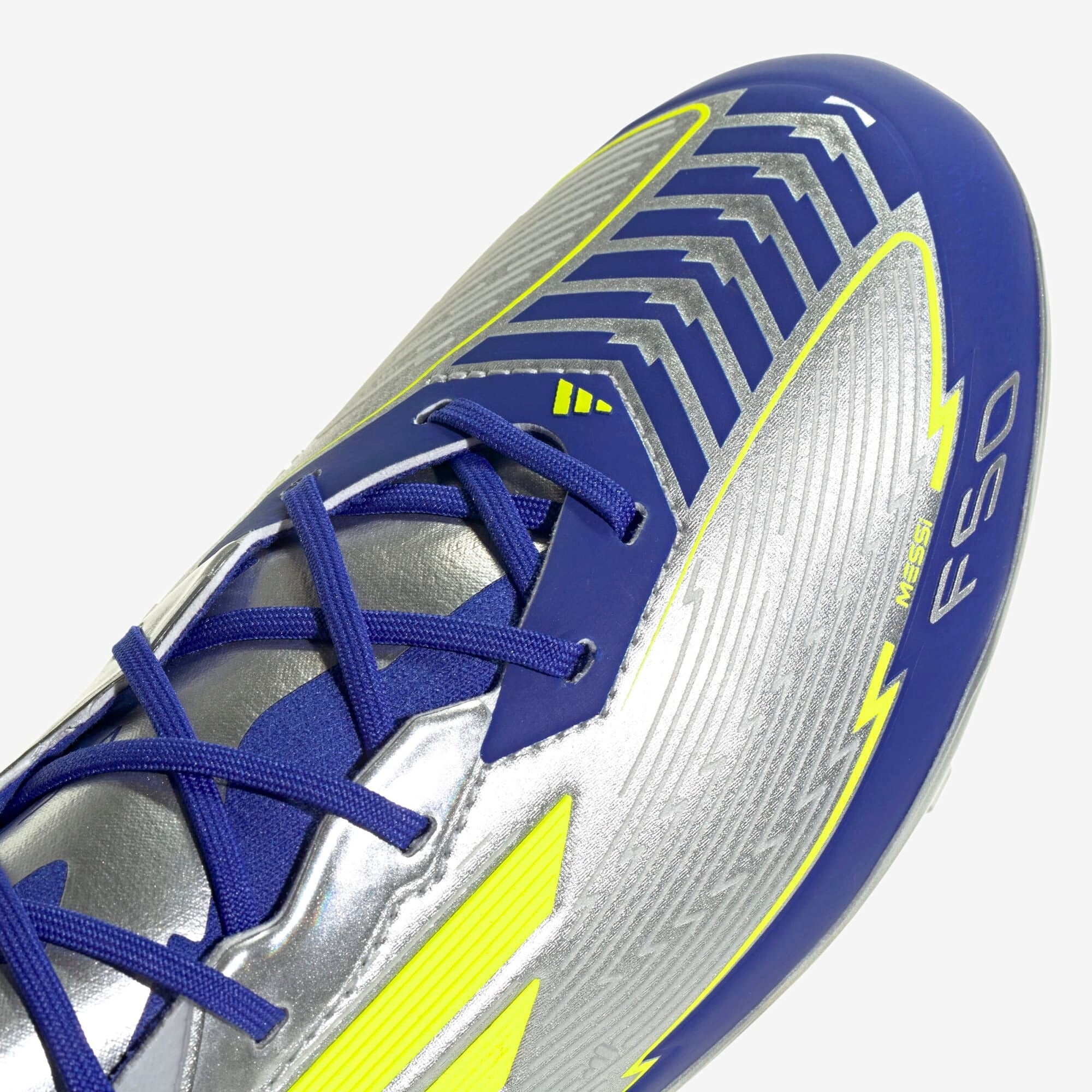 adidas Jr. F50 Elite Messi Big Kids' FG Low-Top Soccer Cleats - Silver Metallic / Solar Yellow / Lucid Blue