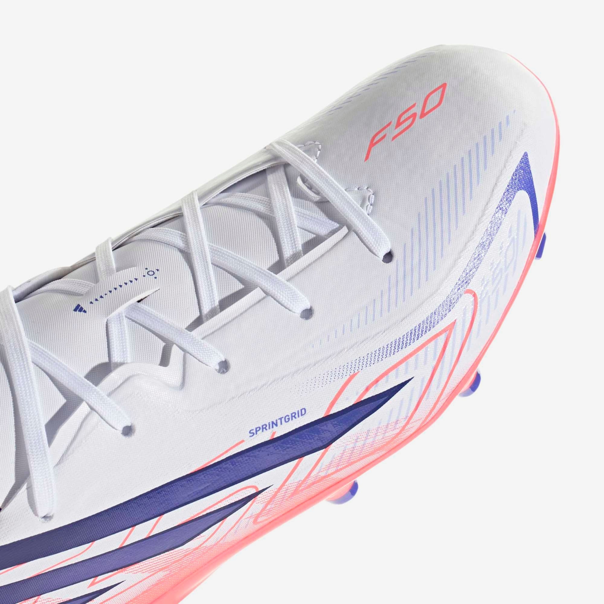 adidas Jr. F50 Hyperfast League Firm-Ground Low-Top Soccer Cleats - Ftwr White / Solar Purple / Solar Turbo