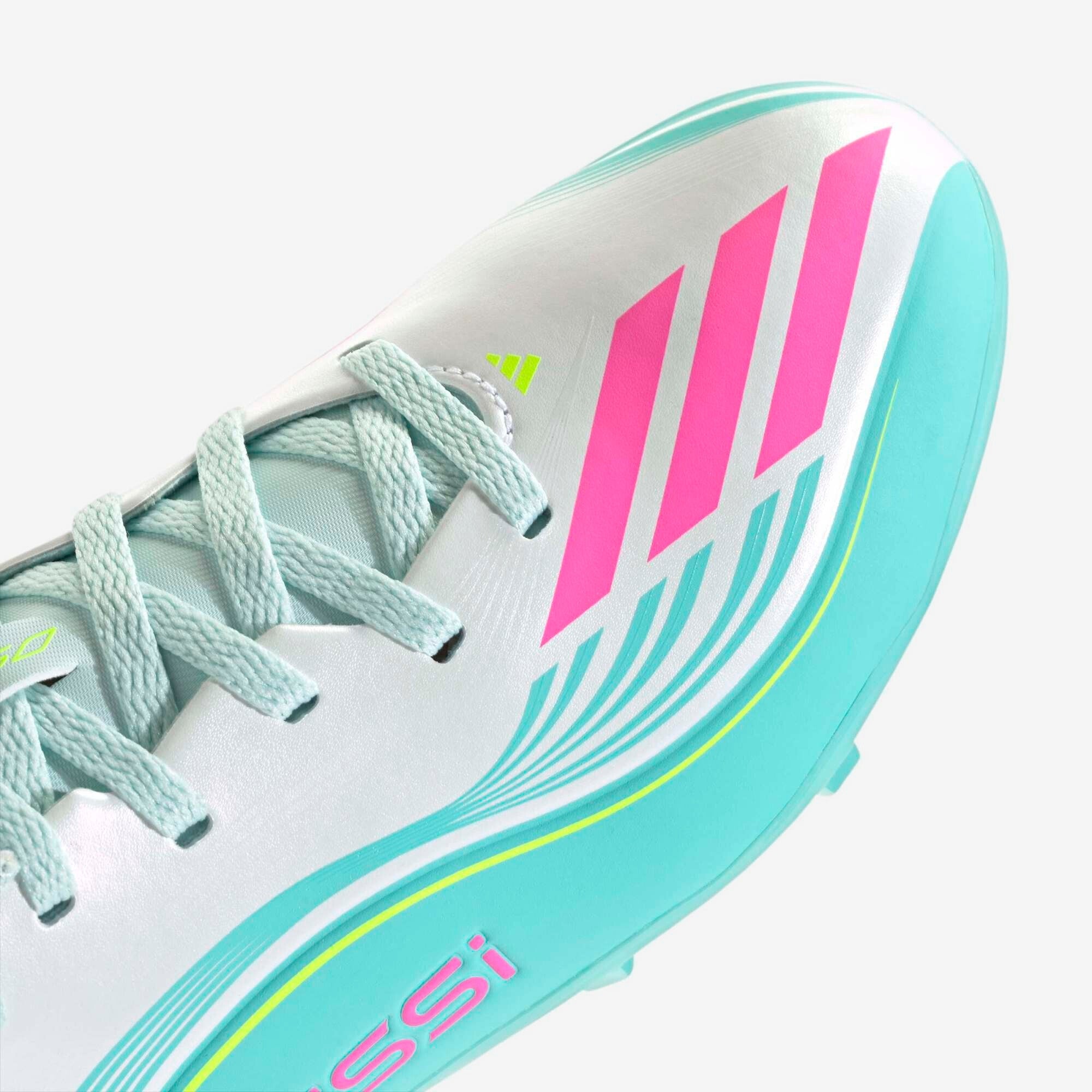 adidas Jr. F50 Messi League Big Kids' Firm/Multi-Ground Low-Top Soccer Cleats - Cloud White / Lucid Pink / Flash Aqua