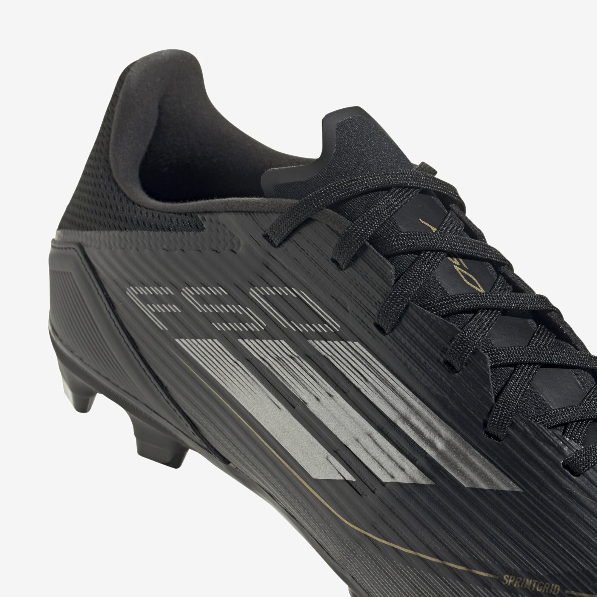 adidas F50 League Firm/Multi-Ground Soccer Cleats - Core Black / Iron Metallic / Gold Metallic
