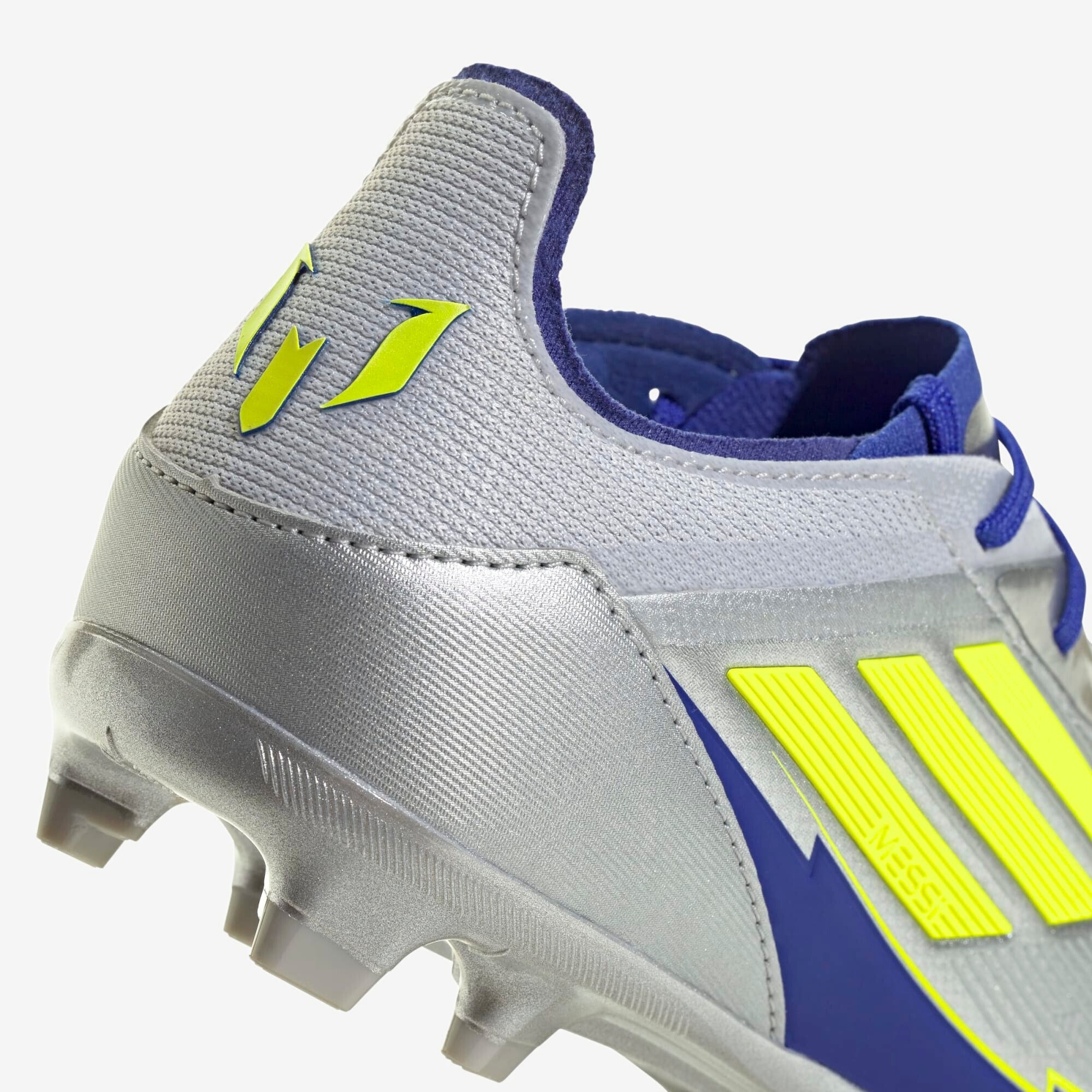 adidas Jr. F50 Elite Messi Big Kids' FG Low-Top Soccer Cleats - Silver Metallic / Solar Yellow / Lucid Blue