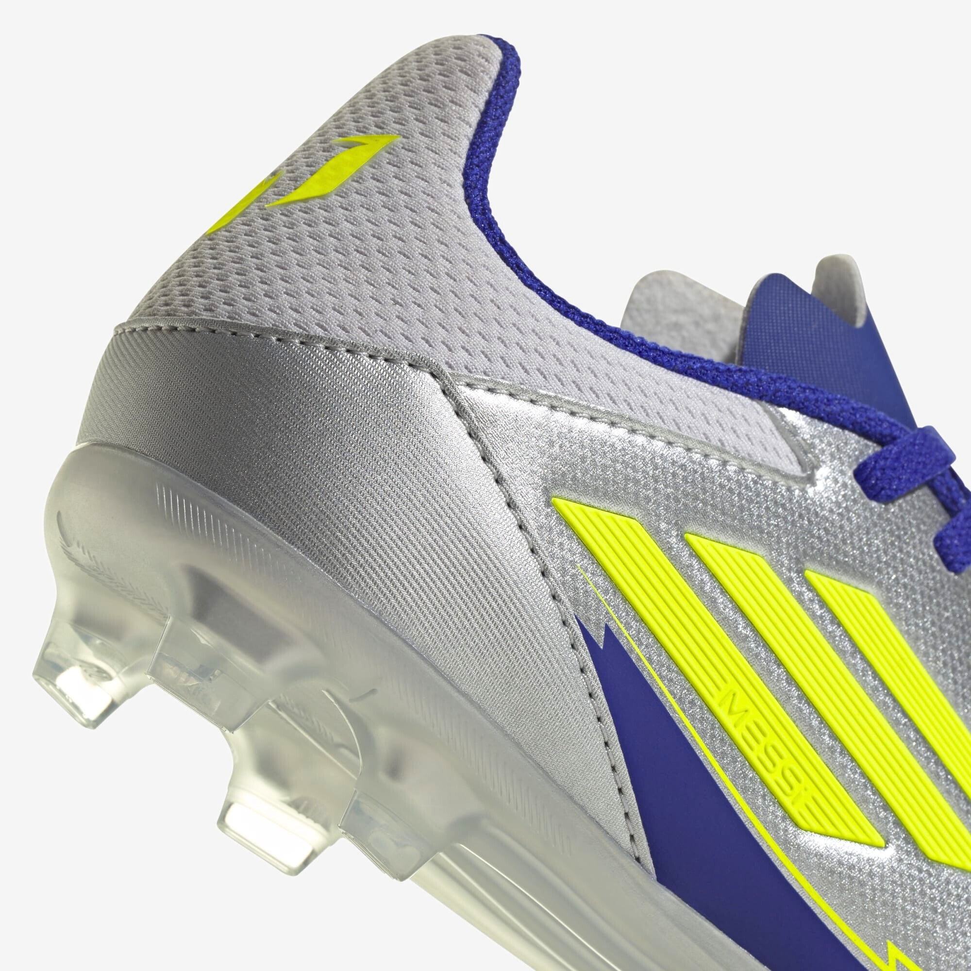 adidas Jr. F50 League Messi Little/Big Kids' FG/MG Low-Top Soccer Cleats - Silver Metallic / Solar Yellow / Lucid Blue