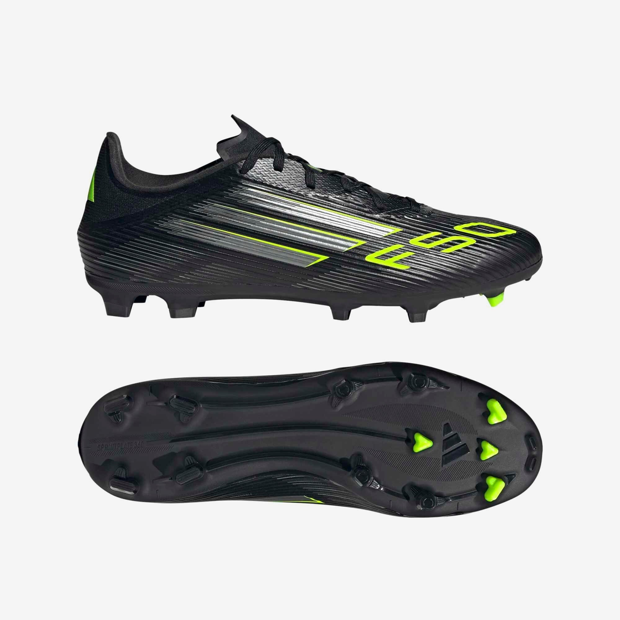 adidas F50 League Firm/Multi-Ground Low-Top Soccer Cleats - Core Black / Iron Metallic / Lucid Lemon