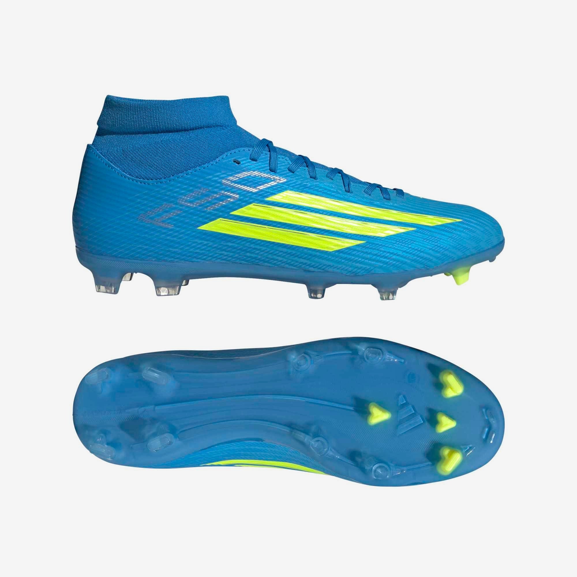 adidas F50 League Mid Cut Firm/Multi-Ground Soccer Cleats - Lucid Ray Blue / Team Solar Yellow 2 / Lucid Aquamarine
