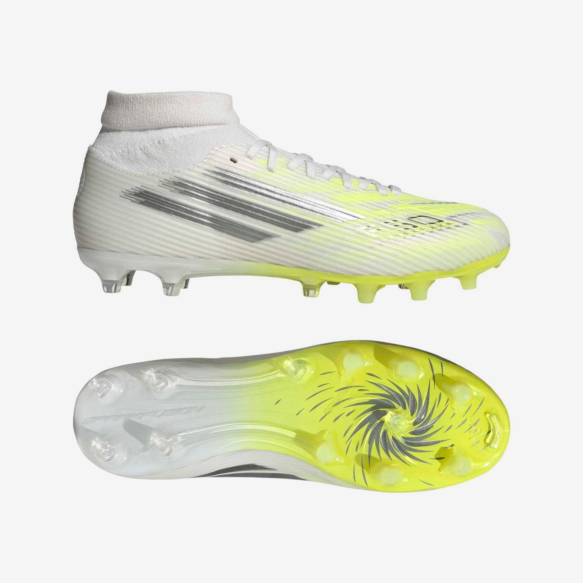 adidas F50 Sparkfusion League Mid Cut (Women's) Firm Ground/Artificial Grass Soccer Cleats - Cloud White / Iron Metallic / Hi-Res Yellow