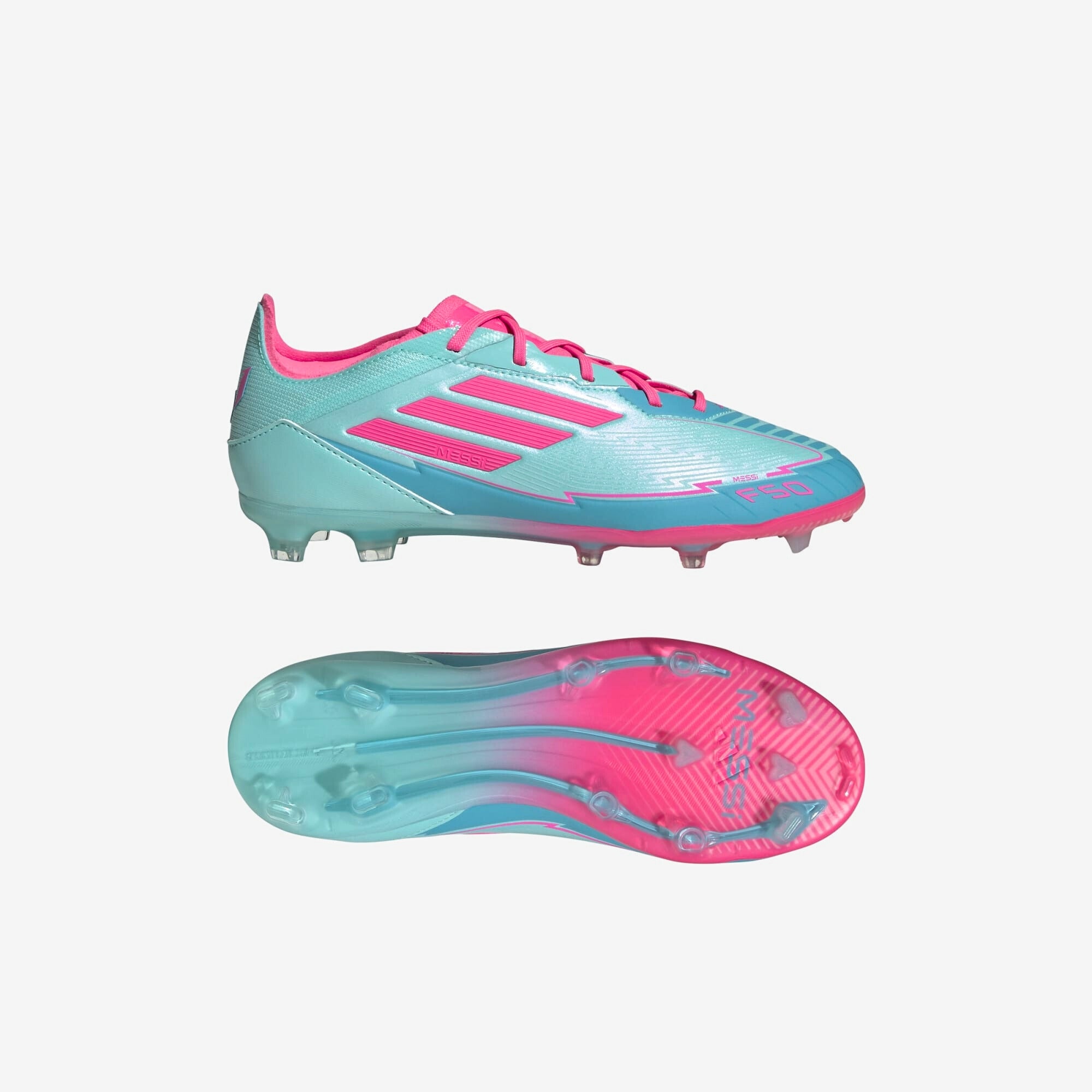 adidas Jr. F50 Elite Messi Big Kids' FG Low-Top Soccer Cleats - Flash Aqua / Lucid Pink / Lucid Cyan
