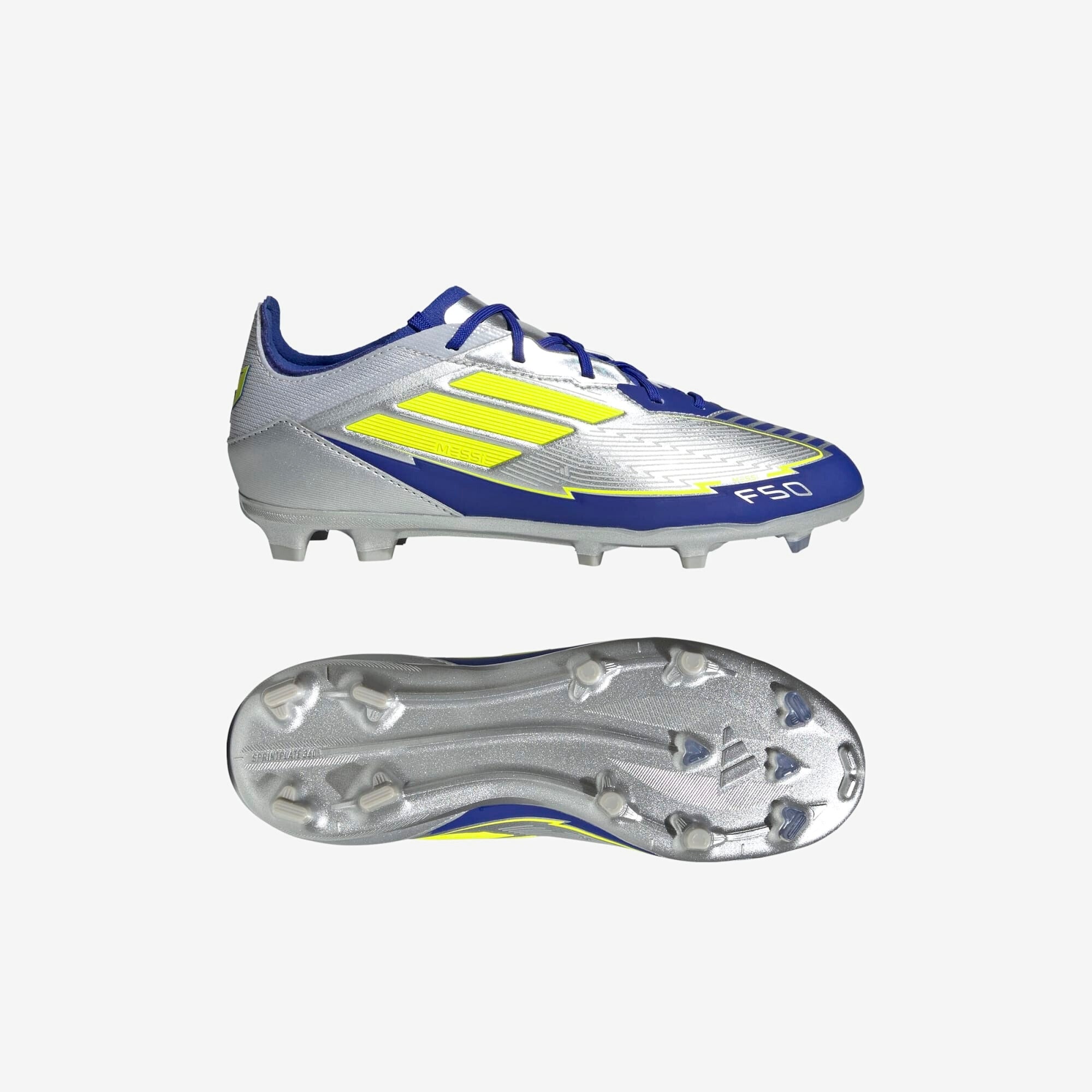 adidas Jr. F50 Elite Messi Big Kids' FG Low-Top Soccer Cleats - Silver Metallic / Solar Yellow / Lucid Blue
