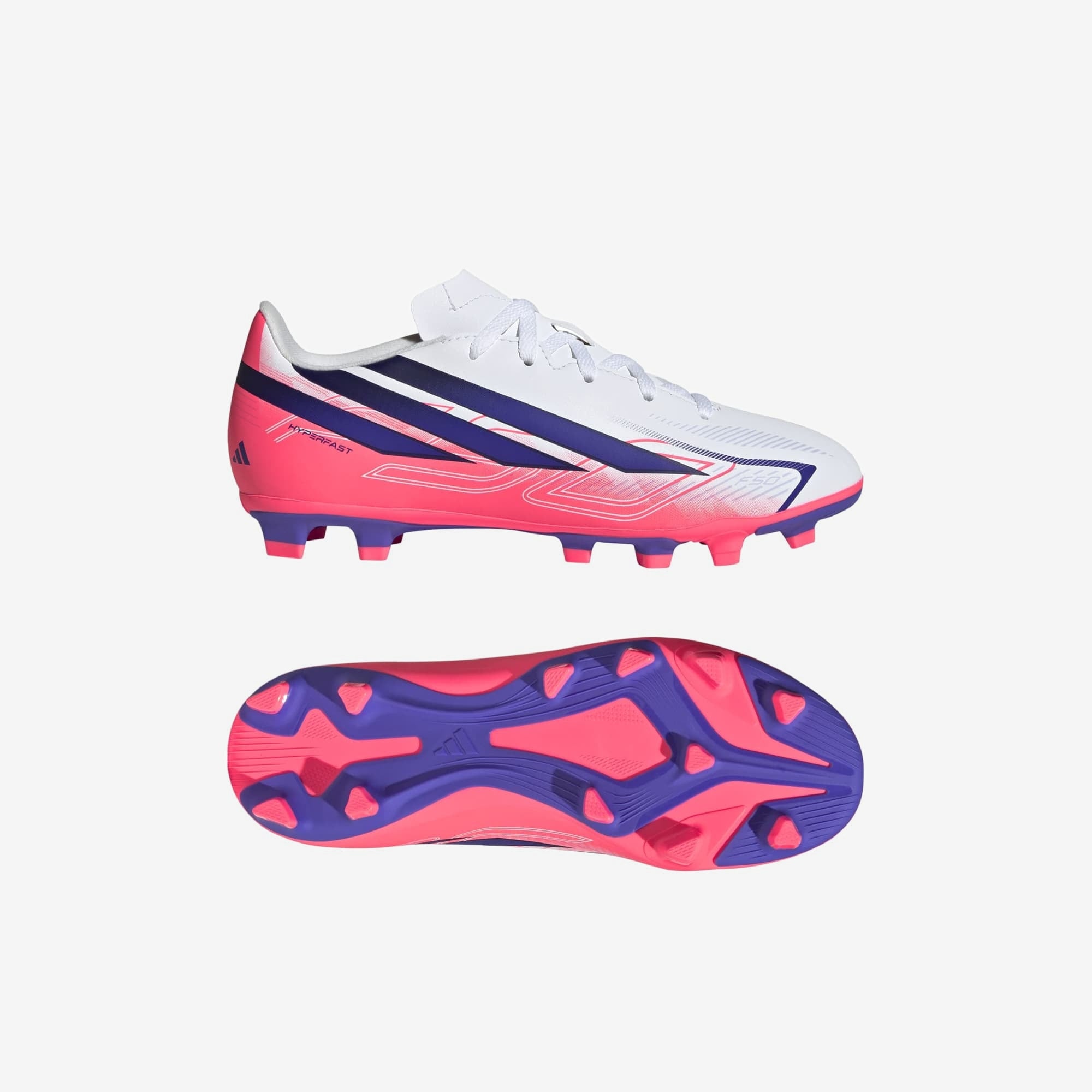 adidas Jr. F50 Hyperfast Club Big Kids' Firm/Multi-Ground Low-Top Soccer Cleats - Ftwr White / Solar Purple / Solar Turbo