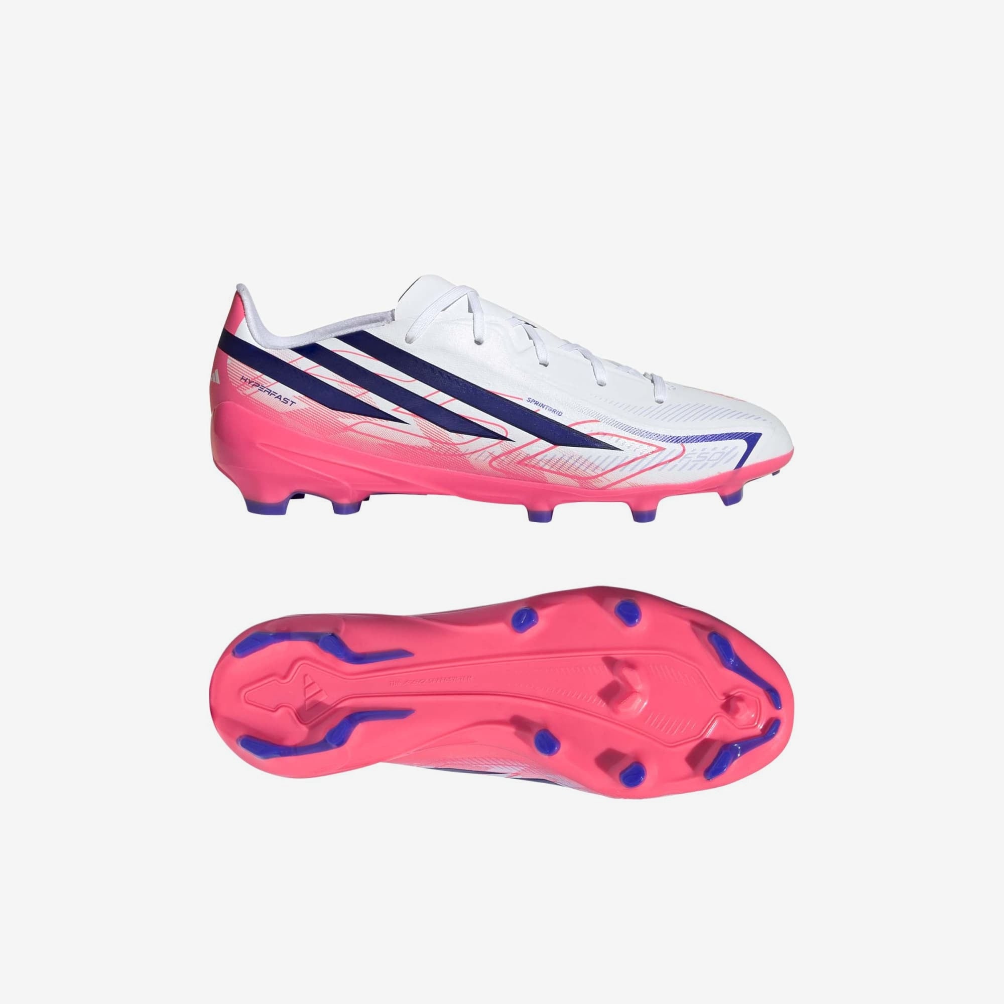 adidas Jr. F50 Hyperfast League Firm-Ground Low-Top Soccer Cleats - Ftwr White / Solar Purple / Solar Turbo