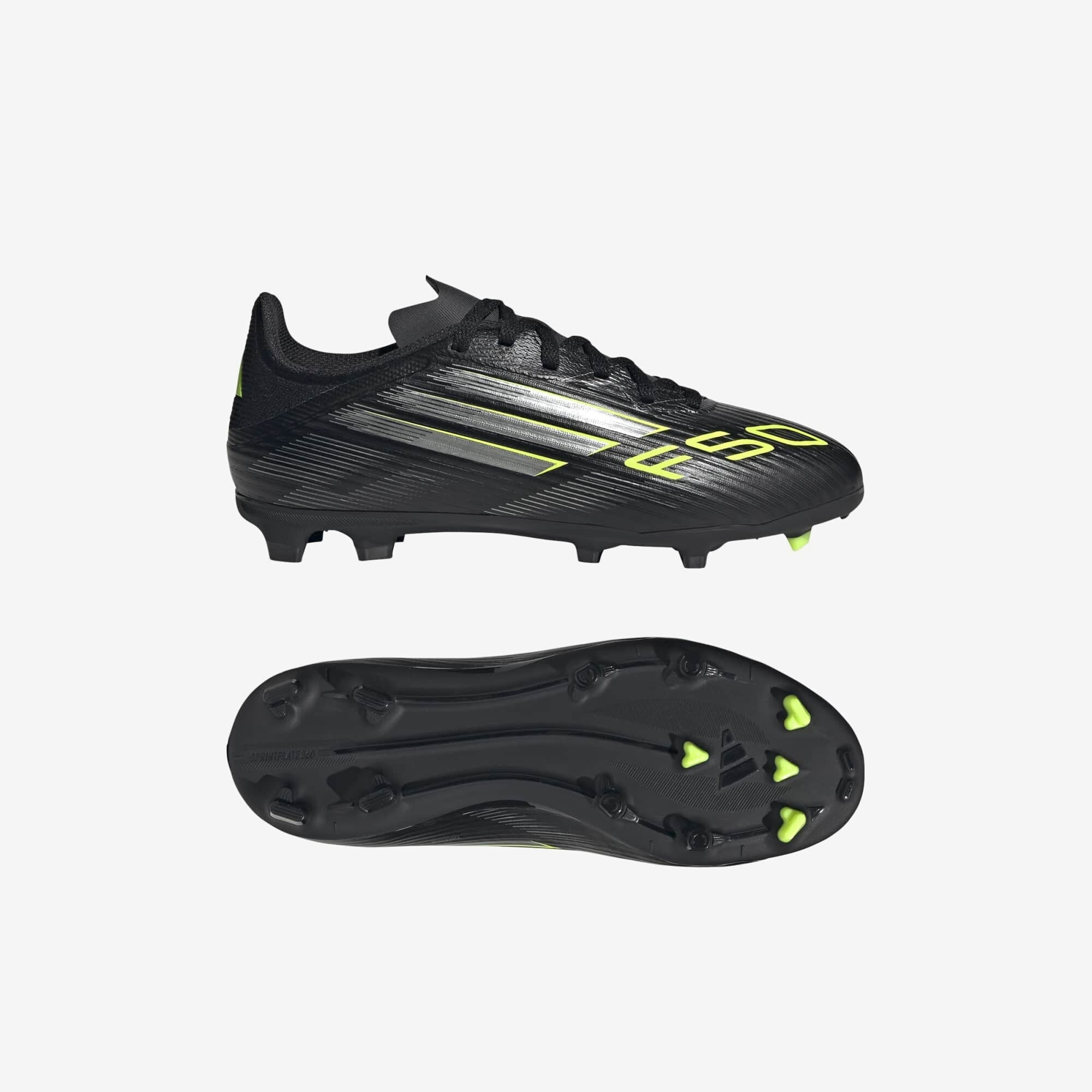 adidas Jr. F50 League Kids' Firm/Multi-Ground Low-Top Soccer Cleats - Core Black / Iron Metallic / Lucid Lemon