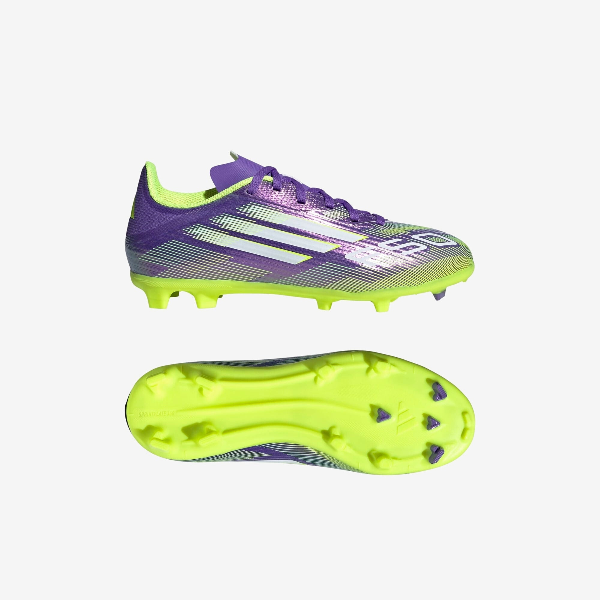 adidas Jr. F50 League Kids' Firm/Multi-Ground Low-Top Soccer Cleats - Purple Rush / Cloud White / Lucid Lemon