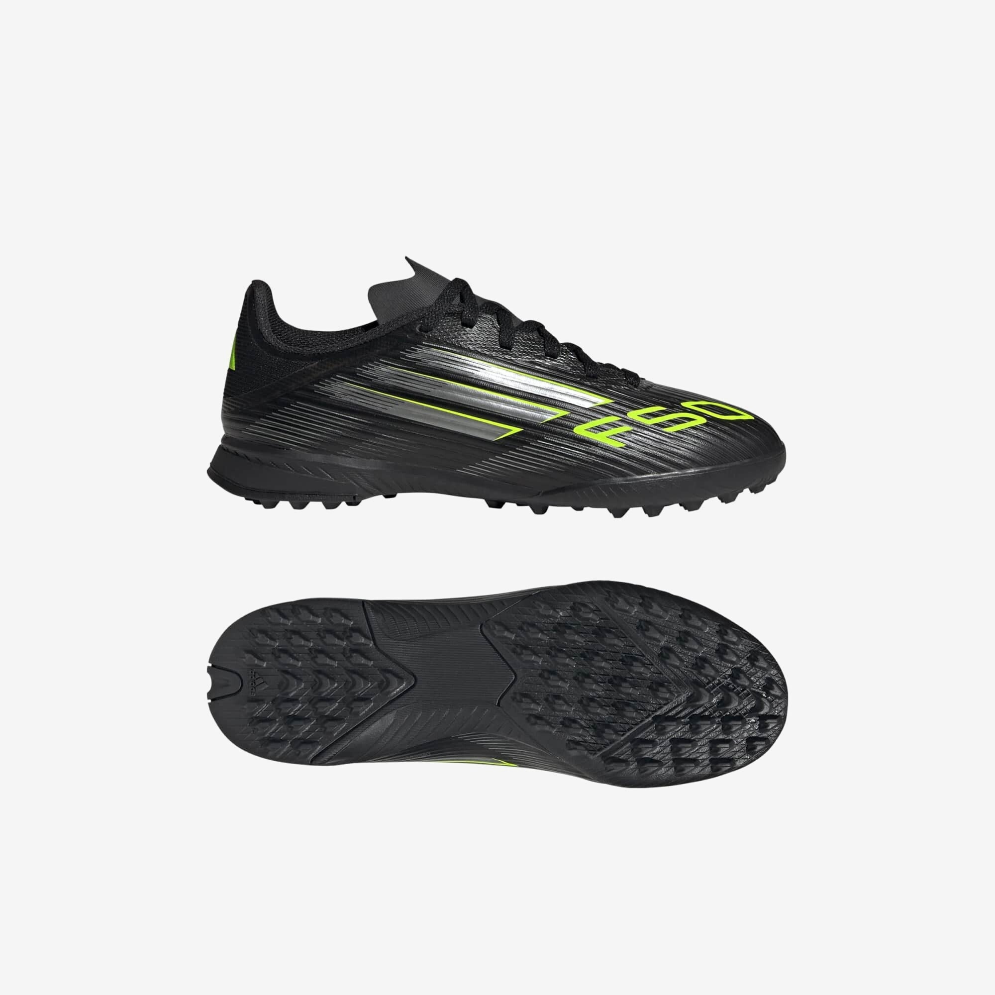 adidas Jr. F50 League Big Kids' Turf Low-Top Soccer Shoes - Core Black / Iron Metallic / Lucid Lemon