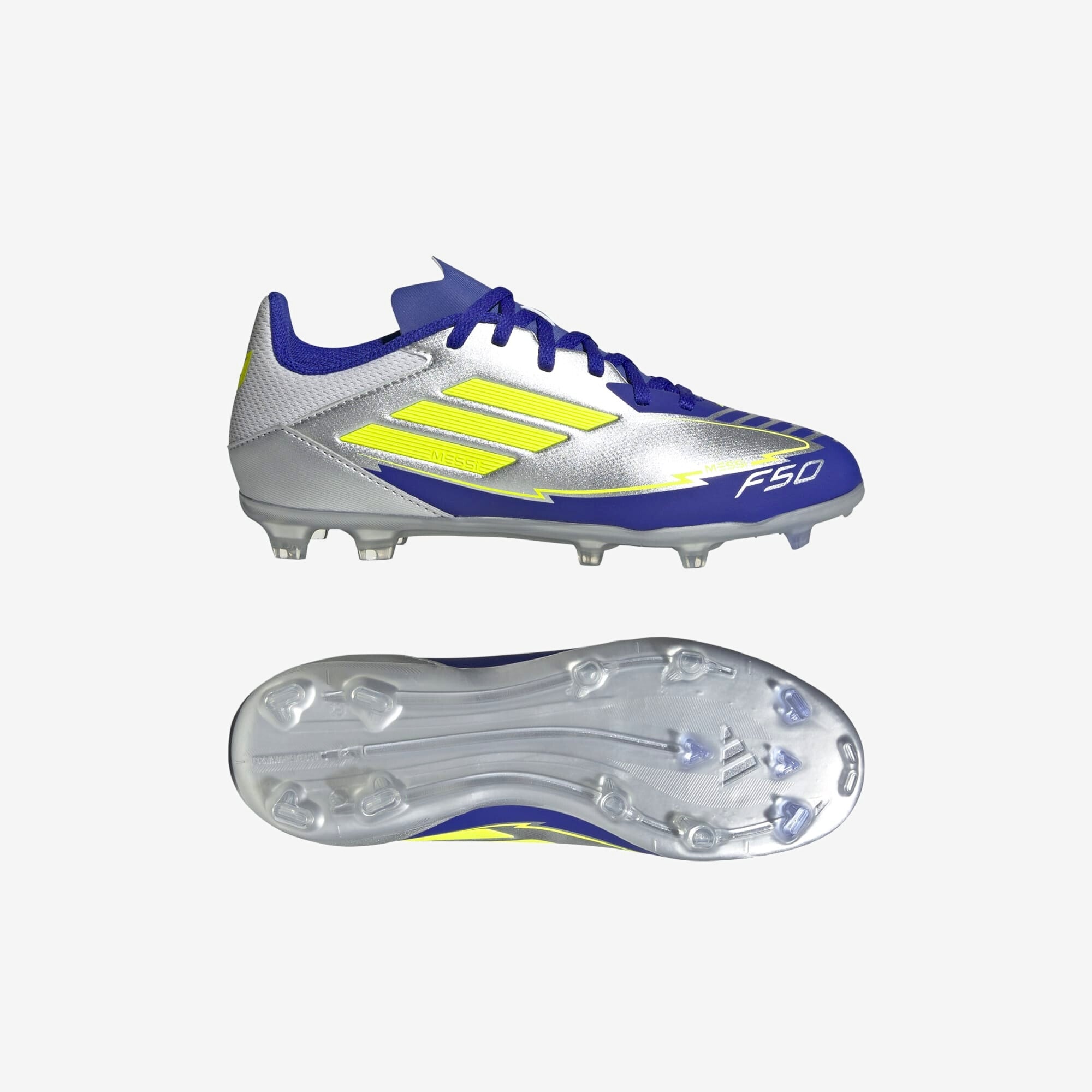 adidas Jr. F50 League Messi Little/Big Kids' FG/MG Low-Top Soccer Cleats - Silver Metallic / Solar Yellow / Lucid Blue