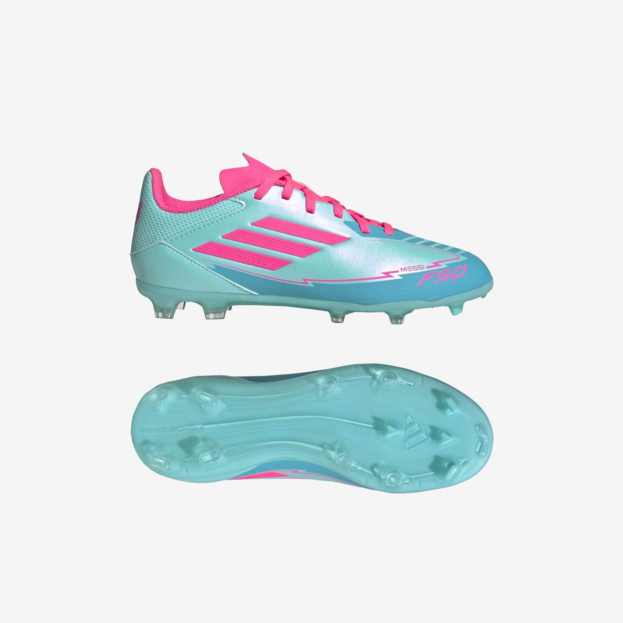 adidas Jr. F50 League Messi Little/Big Kids' FG/MG Low-Top Soccer Cleats - Flash Aqua / Lucid Pink / Lucid Cyan
