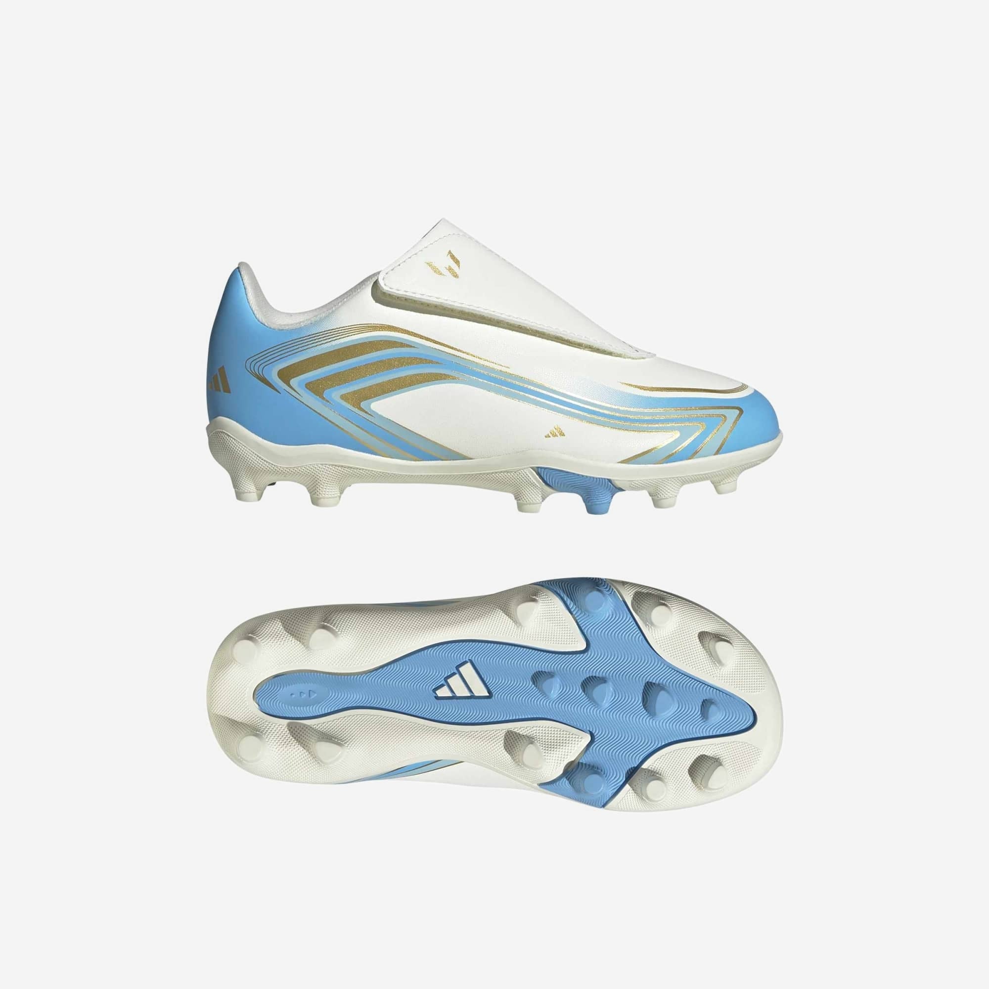 adidas Jr. F50 Messi Club Velcro Little Kids' Firm/Multi-Ground Low-Top Soccer Cleats - Ivory / Semi Blue Burst / Icey Blue