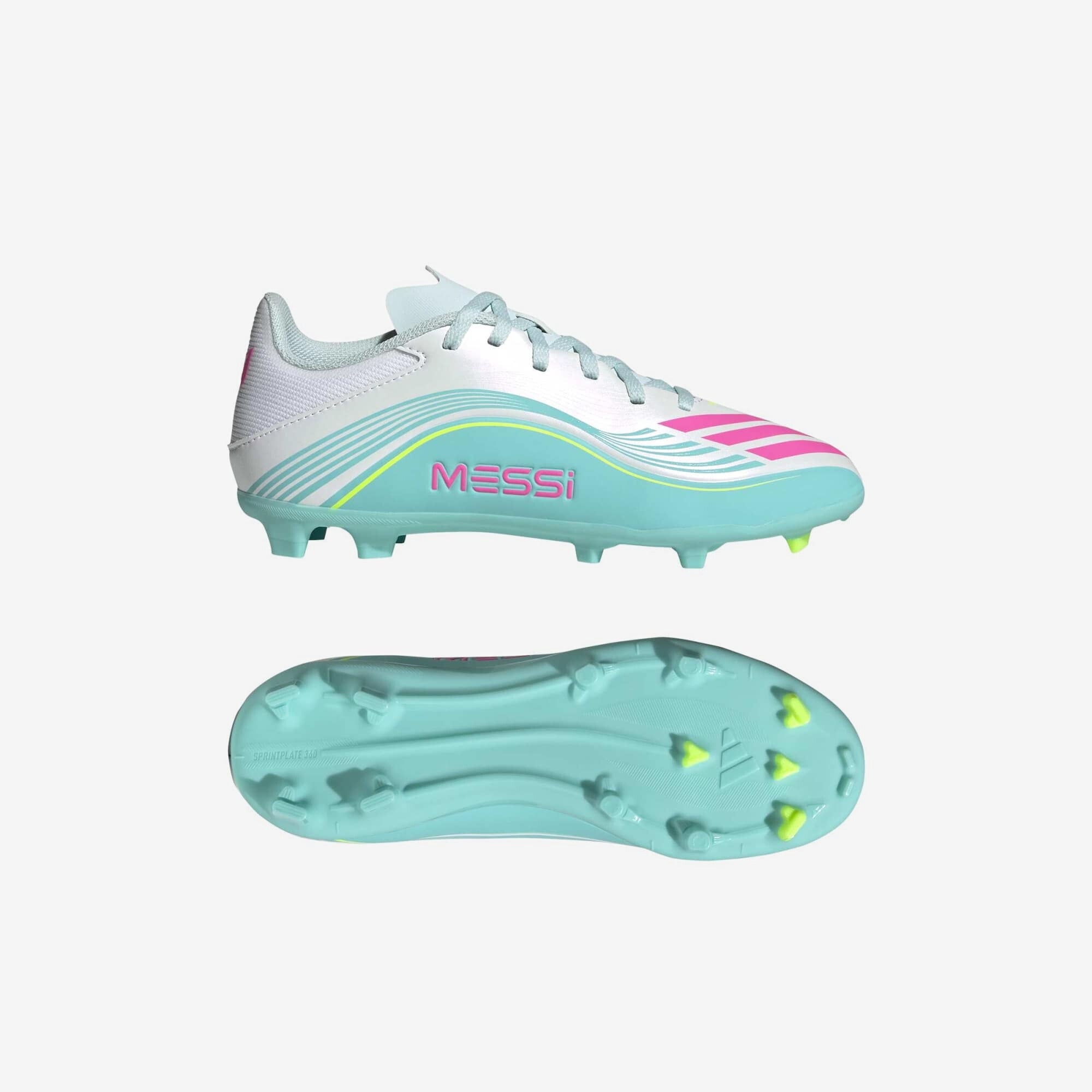 adidas Jr. F50 Messi League Big Kids' Firm/Multi-Ground Low-Top Soccer Cleats - Cloud White / Lucid Pink / Flash Aqua
