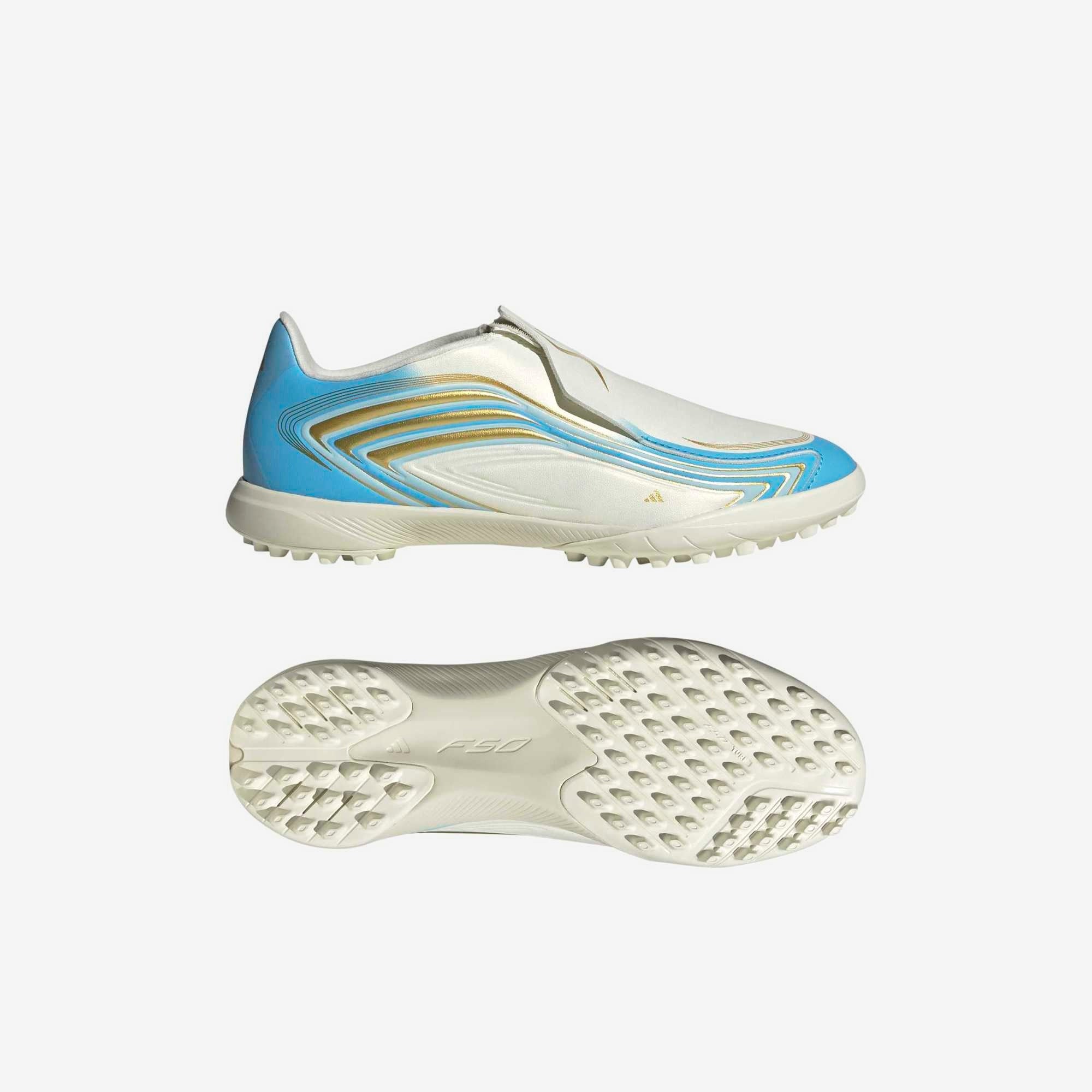 adidas Jr. F50 Messi League Laceless Big Kids Turf Low-Top Soccer Shoes - Ivory / Semi Blue Burst / Icey Blue