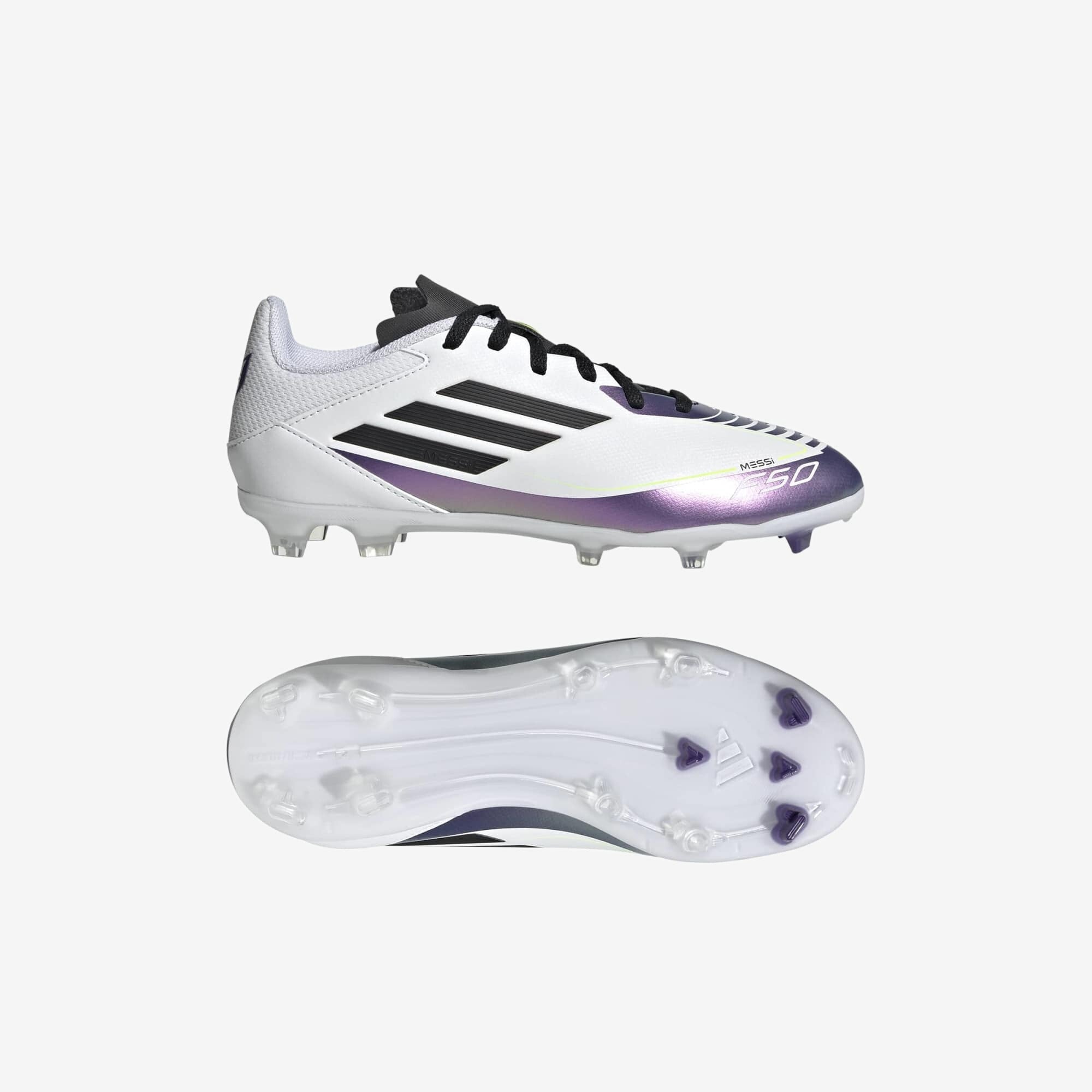 adidas Jr. Messi F50 League Big Kids' Firm/Multi-Ground Low-Top Soccer Cleats - Cloud White / Core Black / Purple