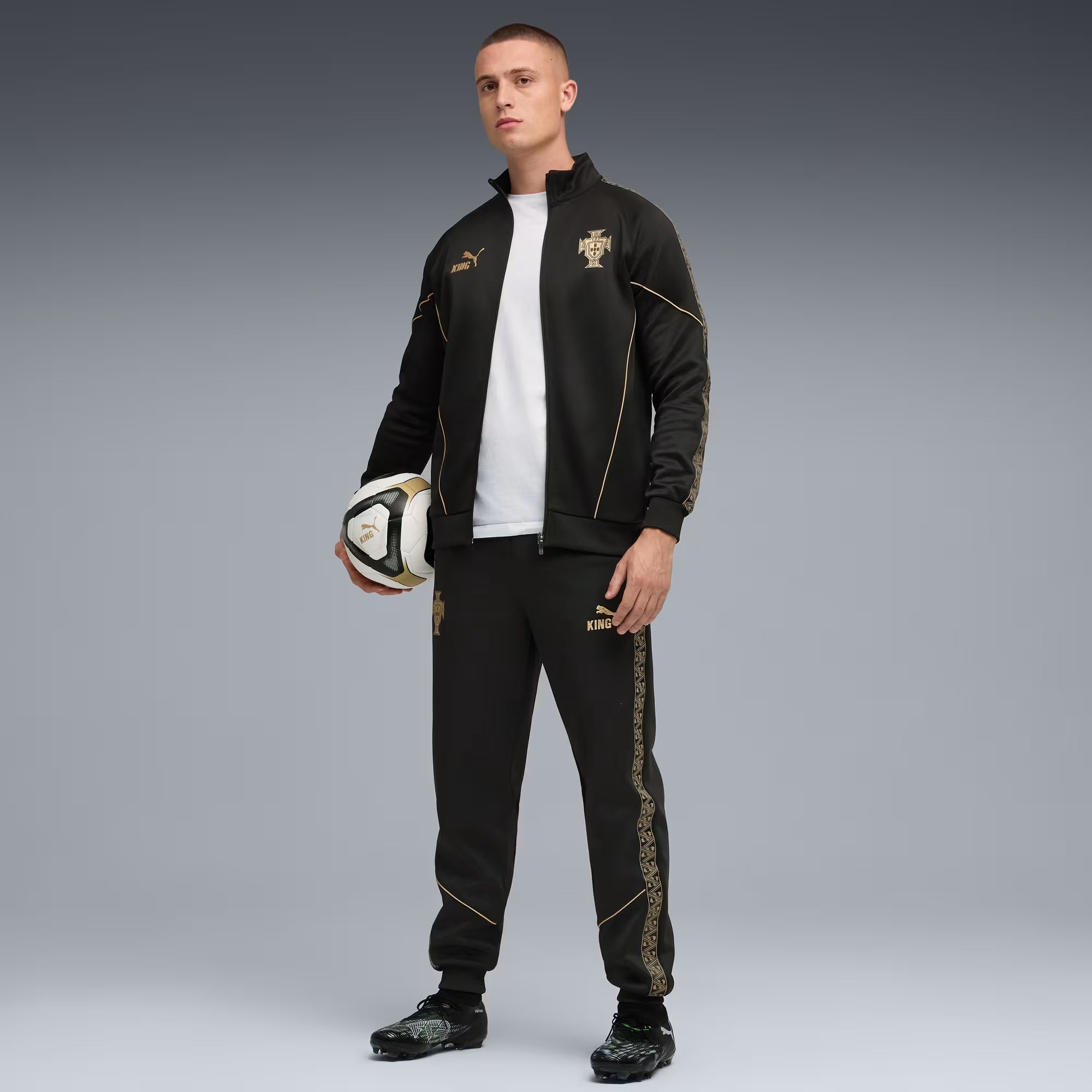 PUMA Portugal KING Anthem Special Edition Eusébio Men's Full-Zip Soccer Jacket - PUMA Black-PUMA Gold
