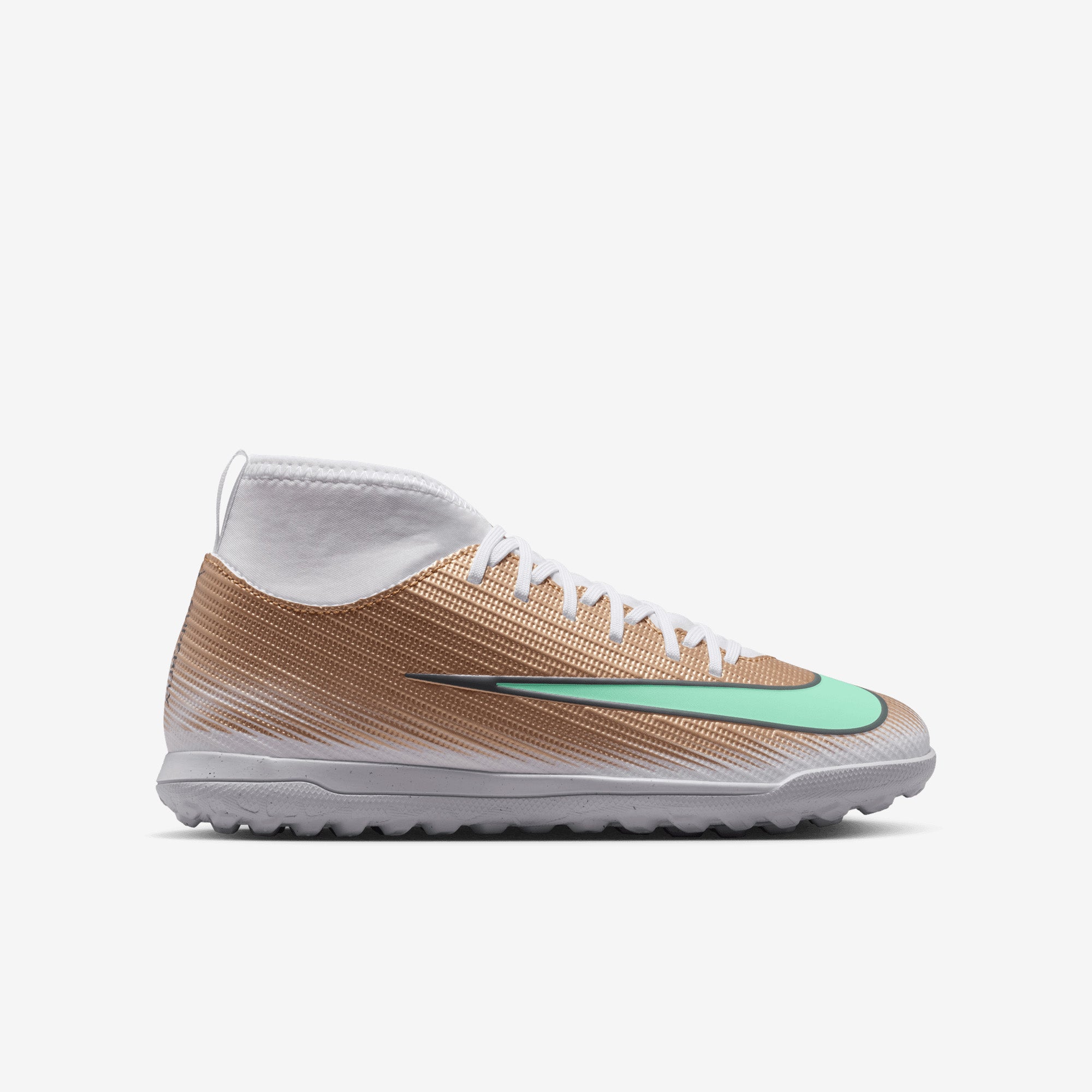 Nike Jr. Mercurial Superfly 11 Club Kylian Mbappé Big Kids' Turf High-Top Soccer Shoes - Metallic Gold/Green Glow