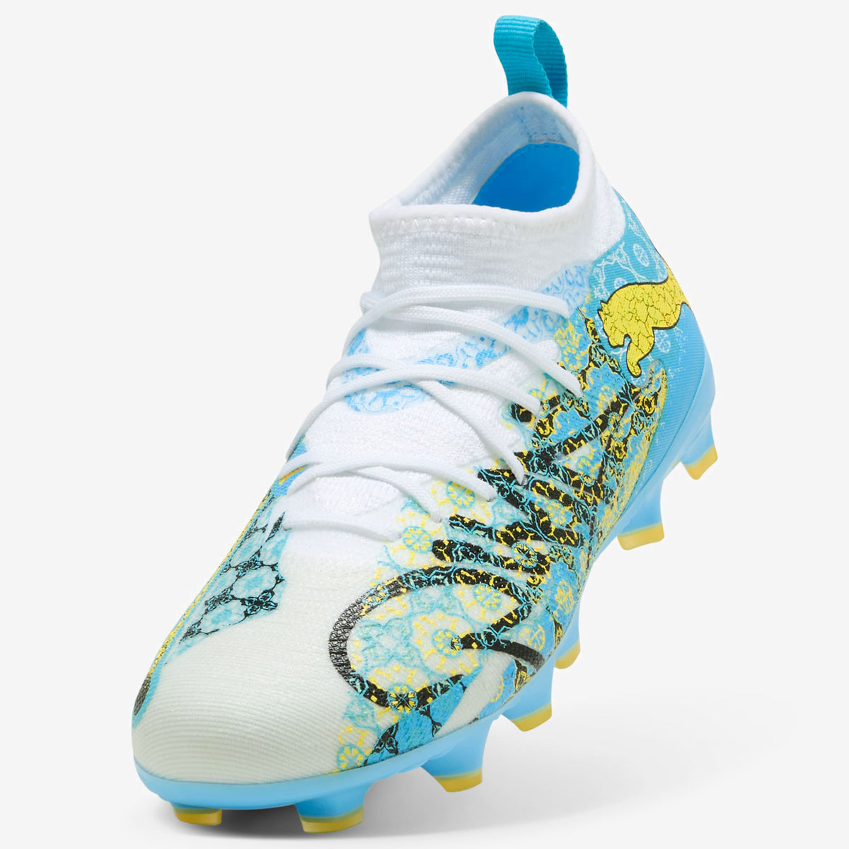 PUMA FUTURE 9 MATCH PLAYMAKER Big Kids' Firm/Artificial-Ground Low-Top Soccer Cleats - PUMA White-Vibrant Blue-Sun Stream-Light Aqua