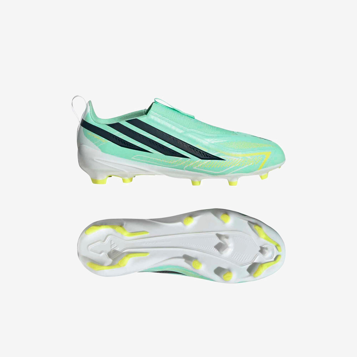 adidas Jr. F50 Hyperfast League Laceless Big Kids' Firm-Ground Low-Top Soccer Cleats - Pulse Mint / Night Navy / Solar Lemon