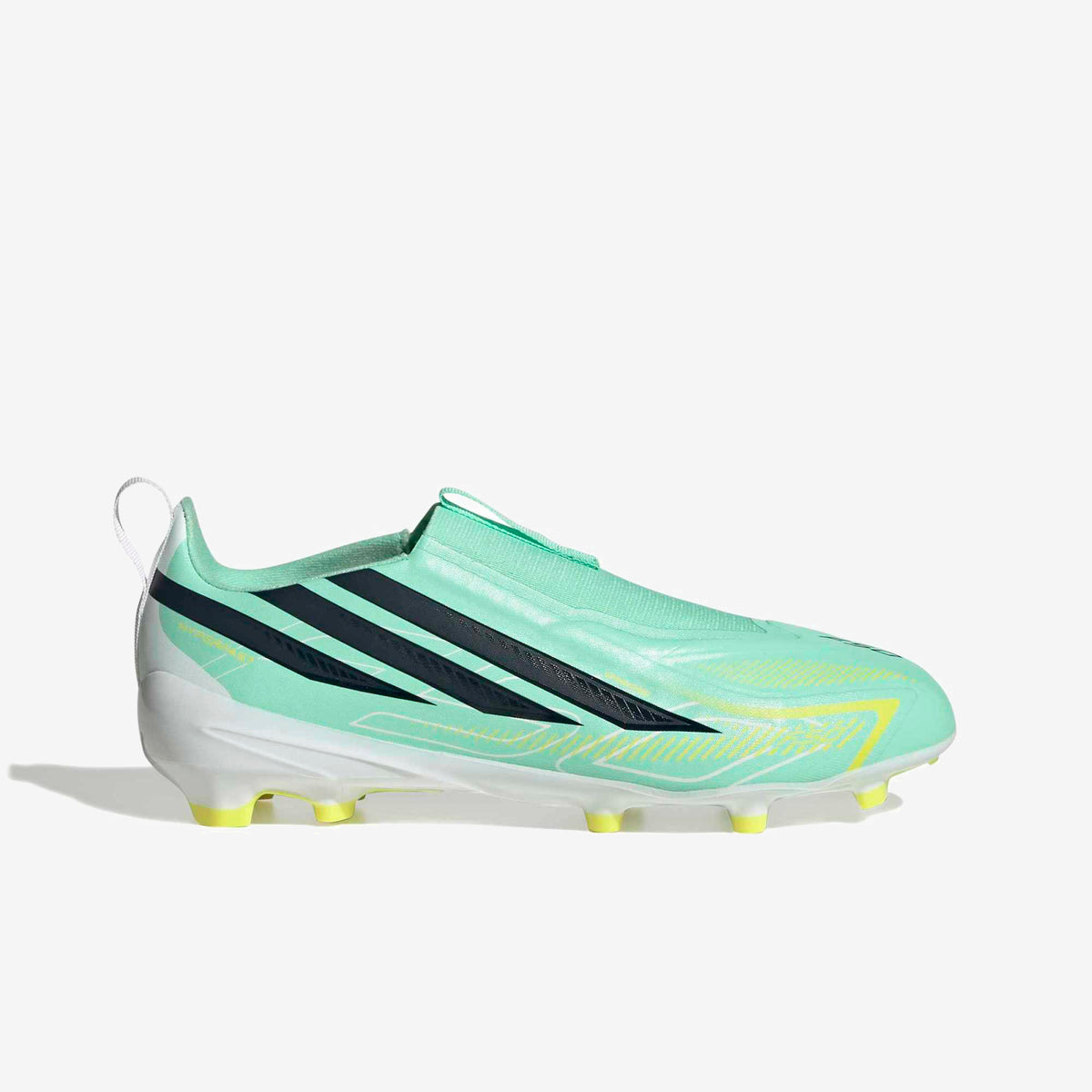 adidas Jr. F50 Hyperfast League Laceless Big Kids' Firm-Ground Low-Top Soccer Cleats - Pulse Mint / Night Navy / Solar Lemon