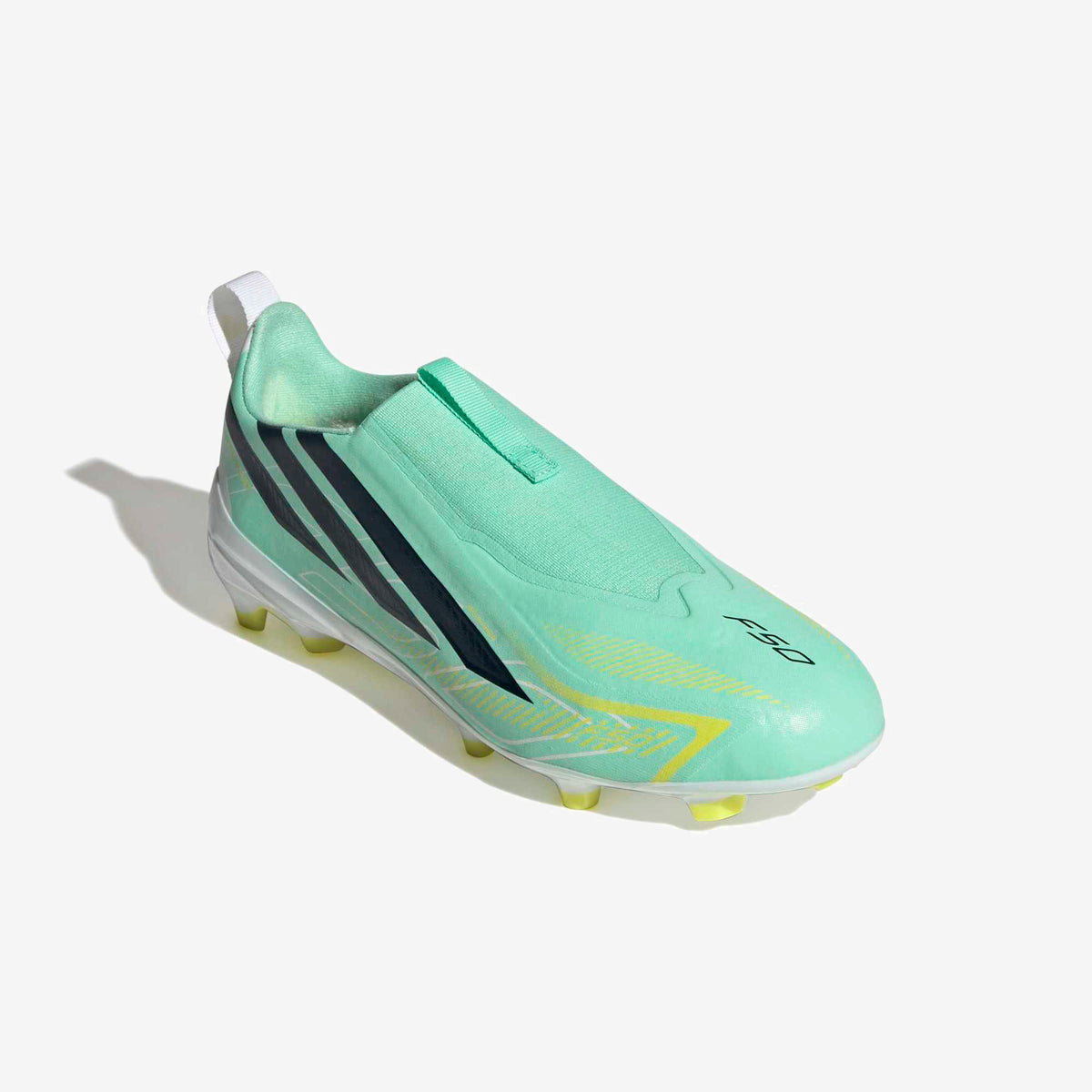 adidas Jr. F50 Hyperfast League Laceless Big Kids' Firm-Ground Low-Top Soccer Cleats - Pulse Mint / Night Navy / Solar Lemon