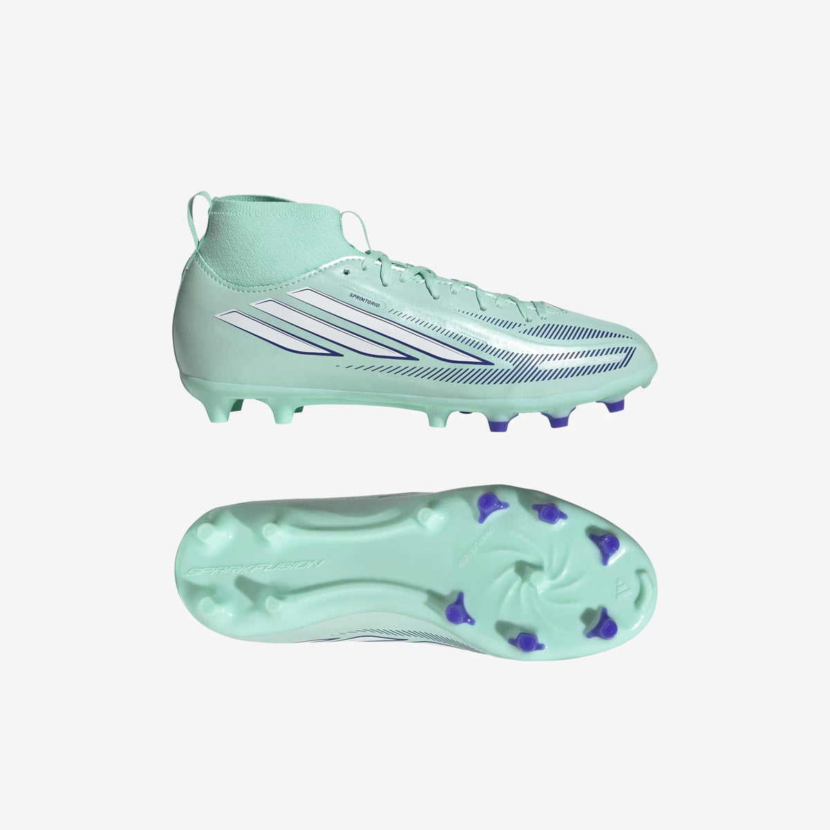 adidas F50 Sparkfusion League Mid Cut Little/Big Kids' Firm Ground/Artificial Grass High-Top Soccer Cleats - Clear Mint / Ftwr White / Solar Purple