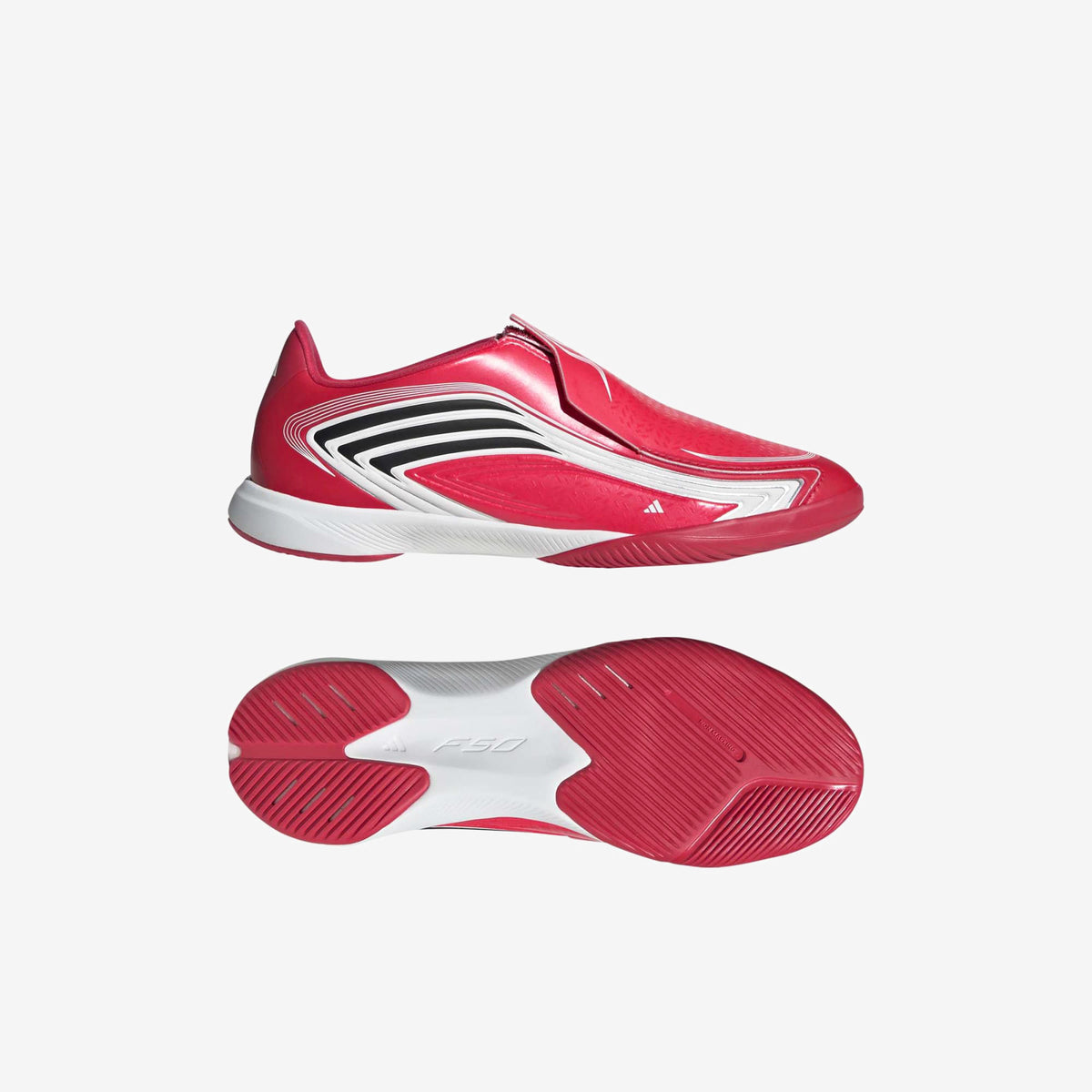adidas Jr. F50 Messi League Laceless Big Kids' Indoor/Court Low-Top Soccer Shoes - Lucid Red / Core Black / Pure Ruby