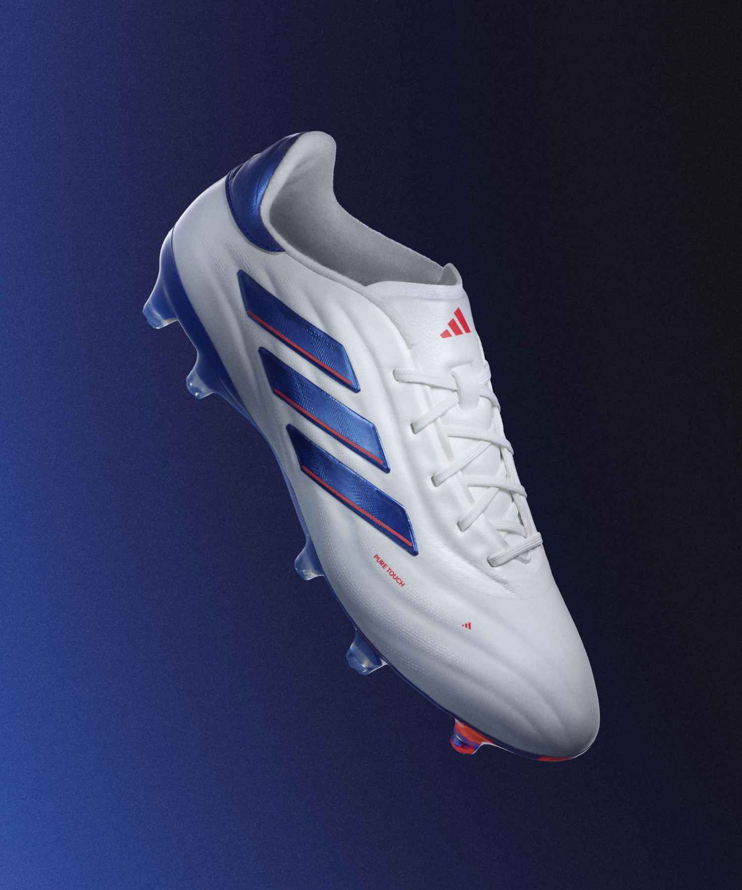 adidas Copa Elite soccer cleat in white with Pure Touch upper and lucid blue three stripes from the Advancement Pack