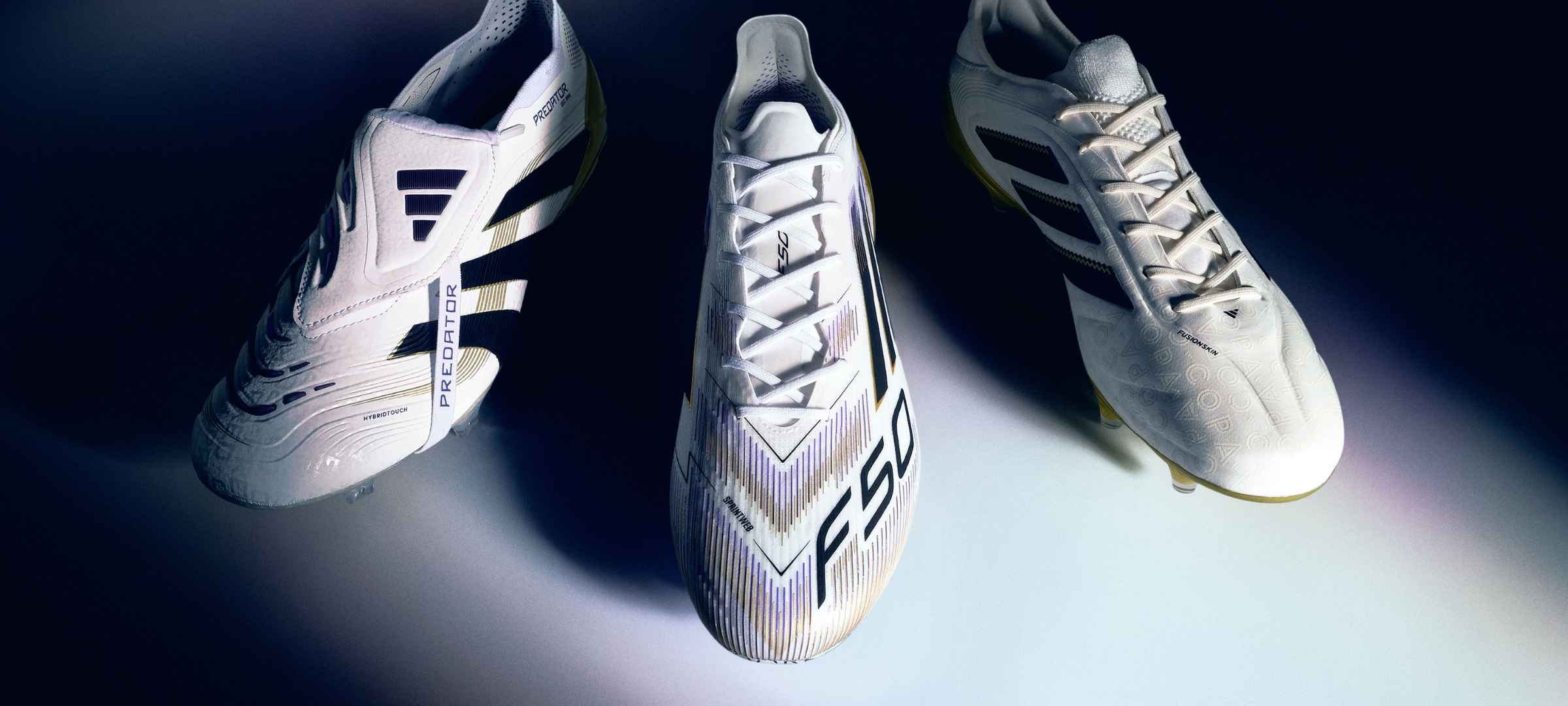 adidas Road to Glory soccer cleats collection featuring white and gold Predator, F50 and Copa cleats for the FIFA Club World Cup