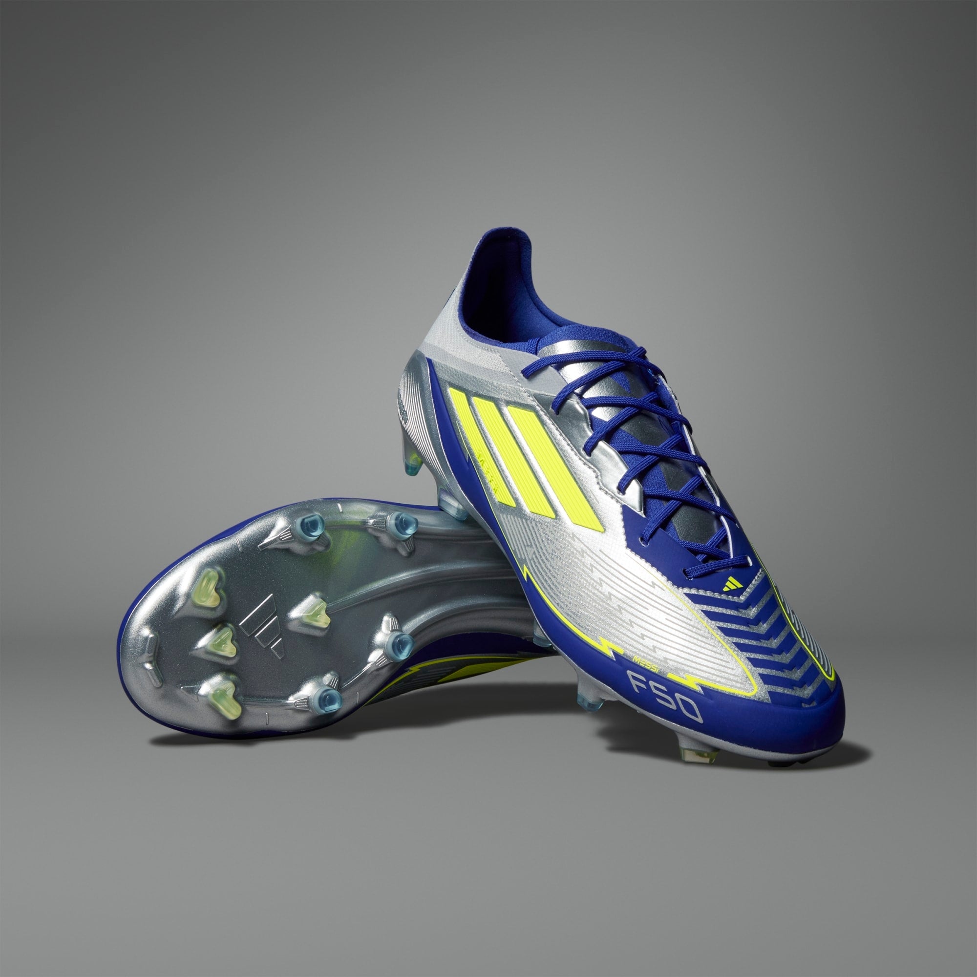 adidas F50 Elite Messi FG Low-Top Soccer Cleats - Silver Metallic / Solar Yellow / Lucid Blue