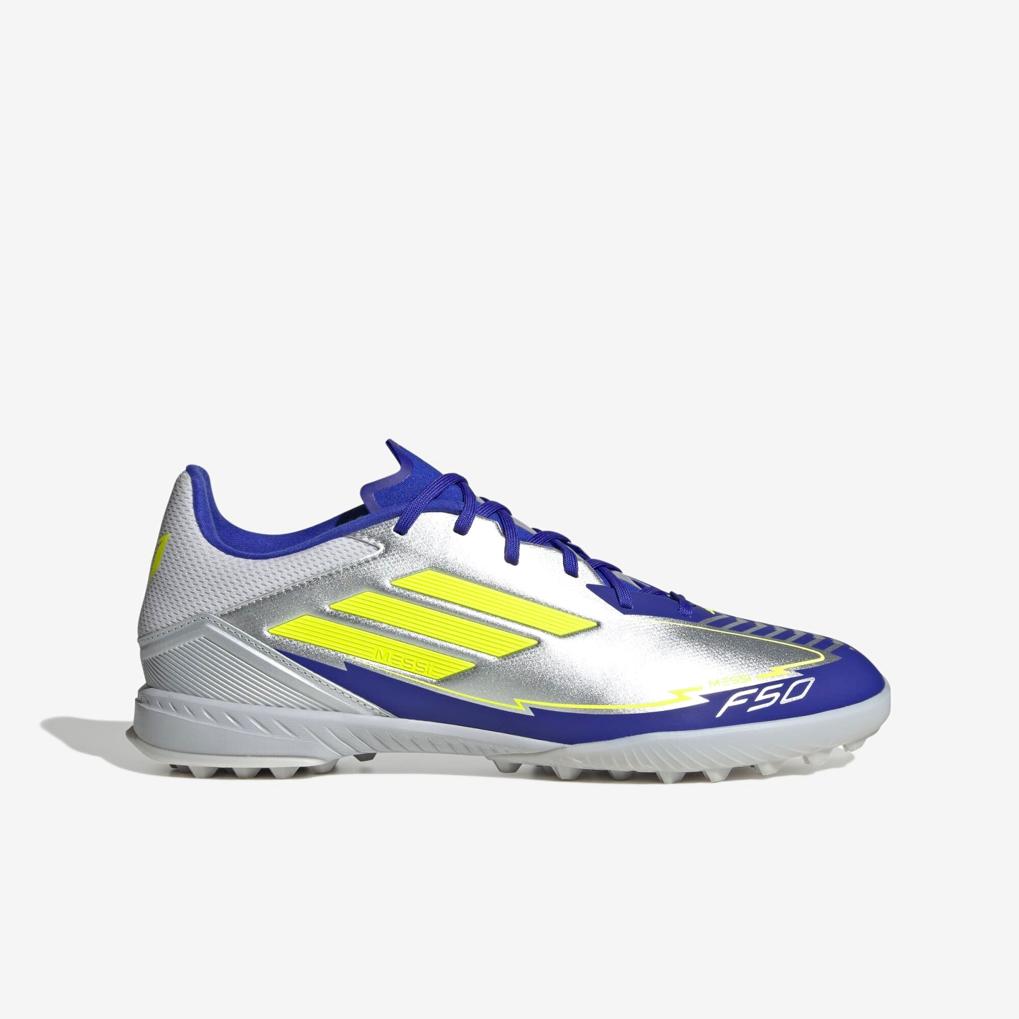 adidas F50 League Messi TF Low-Top Soccer Shoes - Silver Metallic / Solar Yellow / Lucid Blue