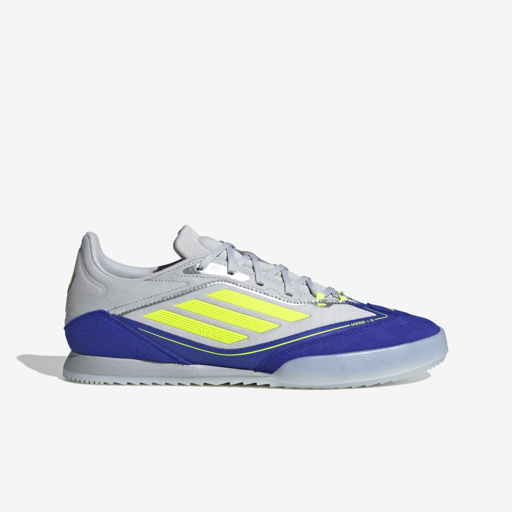 adidas F50 Messi Freestyle IC Low-Top Soccer Shoes - Silver Metallic / Solar Yellow / Lucid Blue