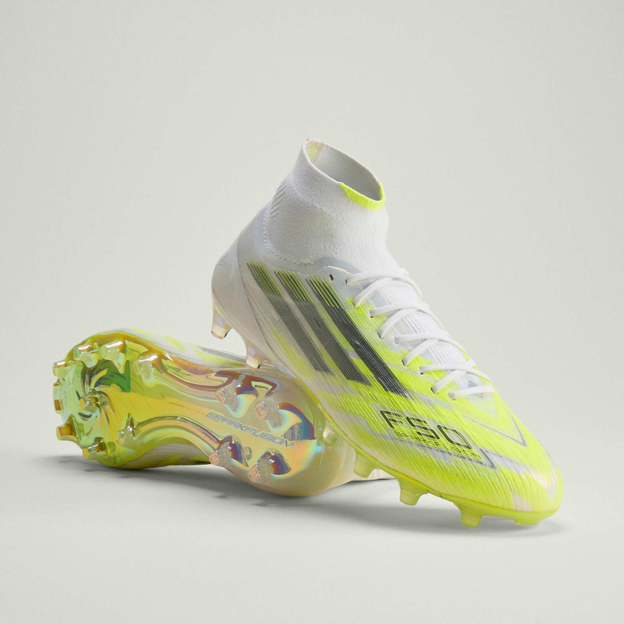 adidas F50 Sparkfusion Elite Mid Cut Firm Ground/Artificial Grass Soccer Cleats - Cloud White / Iron Metallic / Hi-Res Yellow