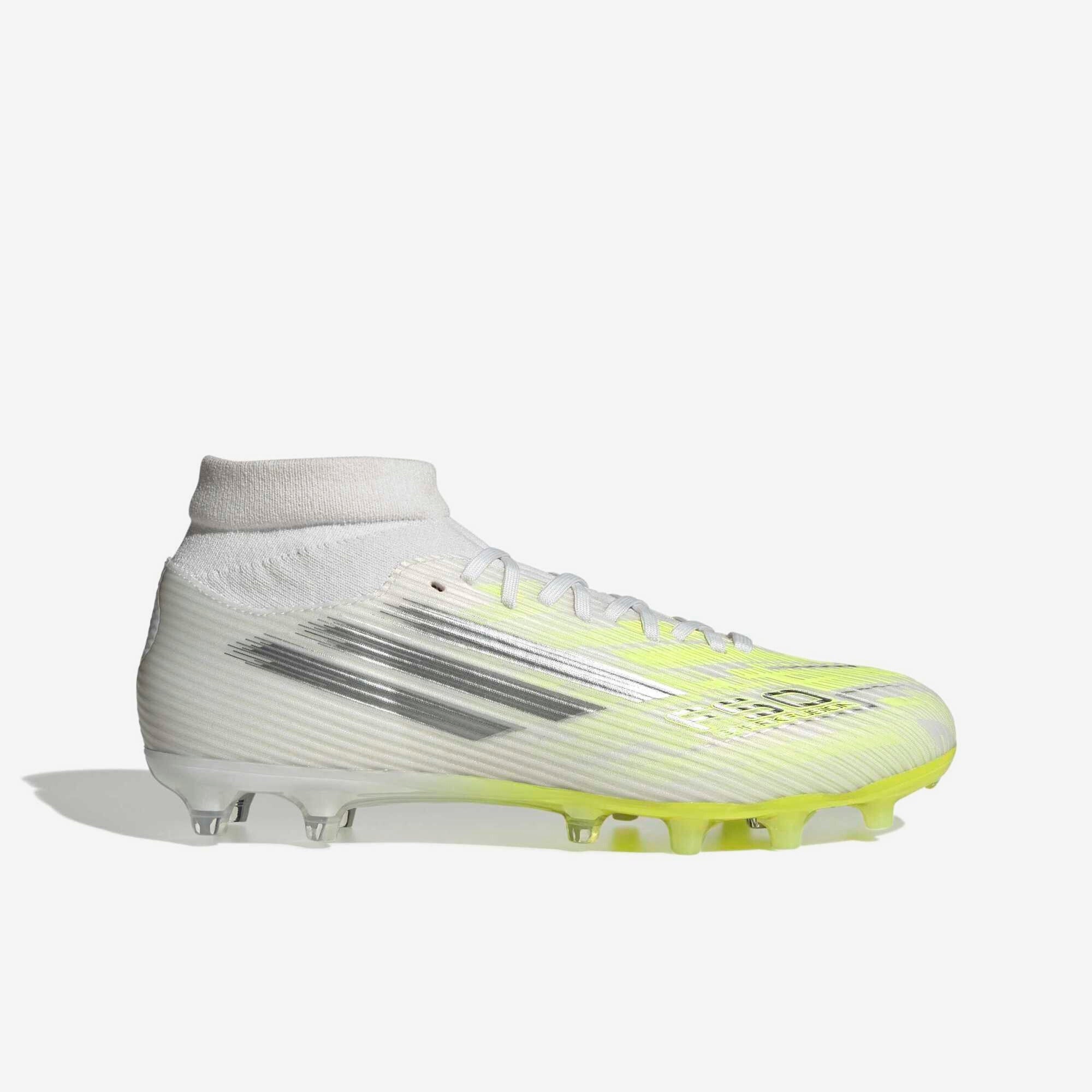 adidas F50 Sparkfusion League Mid Cut (Women's) Firm Ground/Artificial Grass Soccer Cleats - Cloud White / Iron Metallic / Hi-Res Yellow