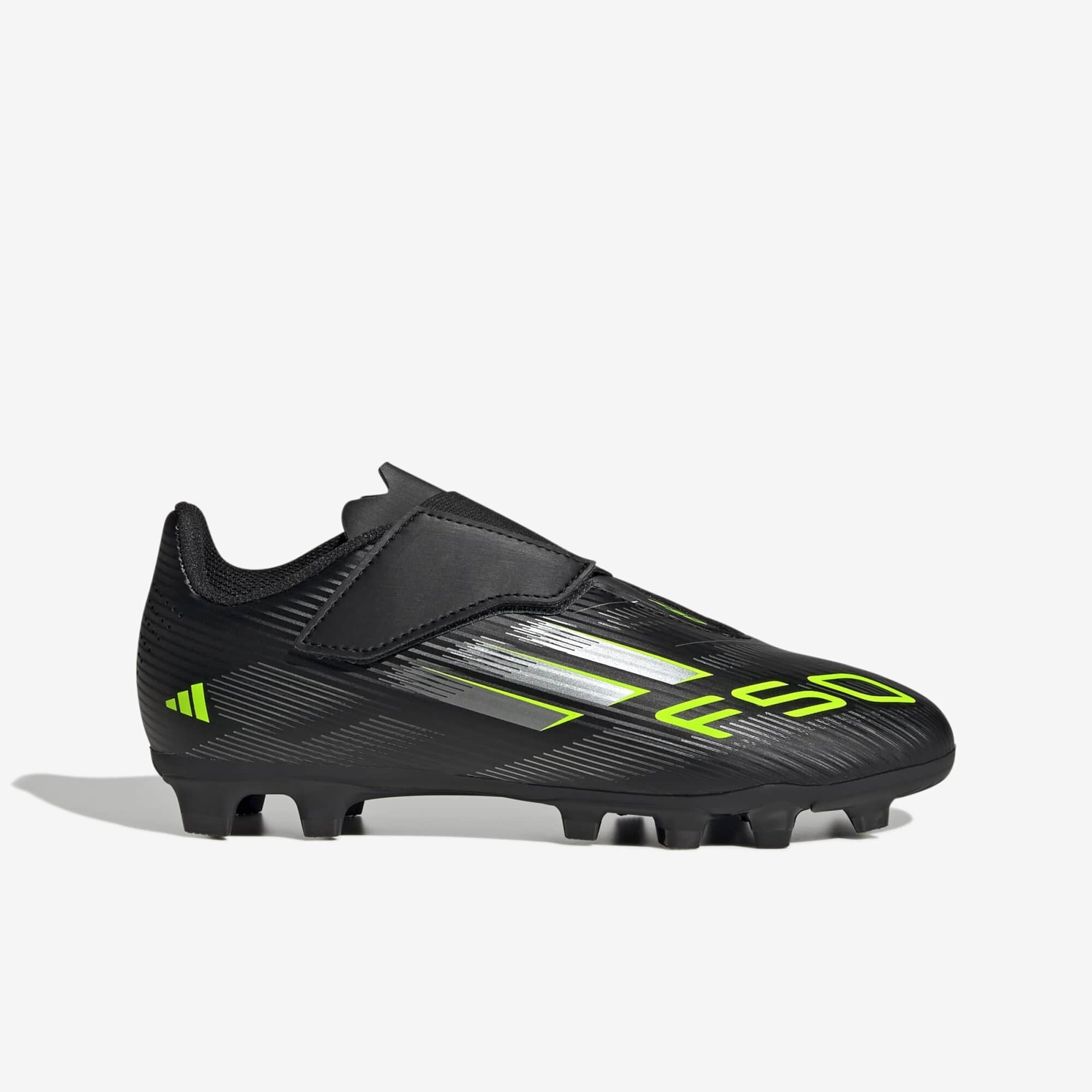 adidas Jr. F50 Club Hook-and-Loop Little Kids' Firm/Multi-Ground Soccer Cleats - Core Black / Iron Metallic / Lucid Lemon