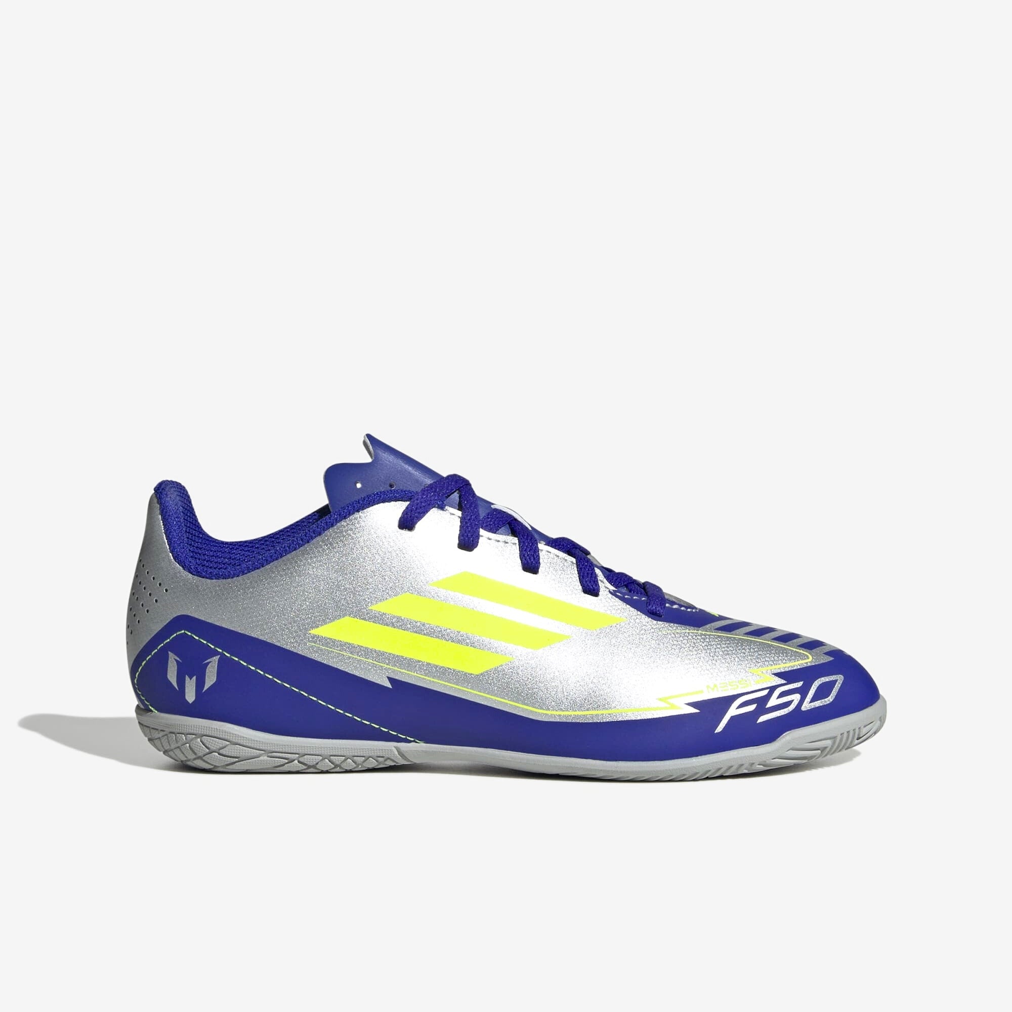 adidas Jr. F50 Club Messi Little/Big Kids' IC Low-Top Soccer Shoes - Silver Metallic / Solar Yellow / Lucid Blue