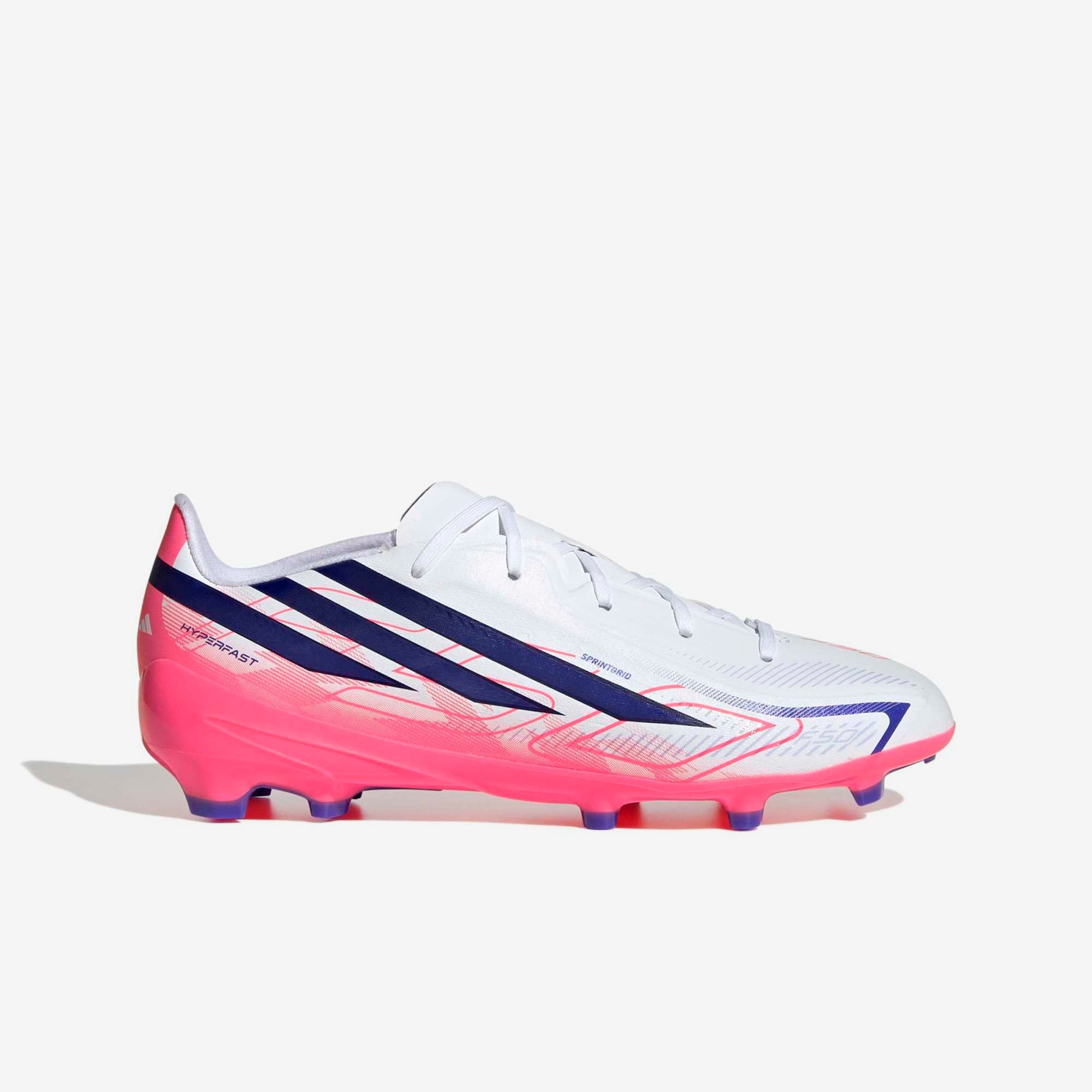 adidas Jr. F50 Hyperfast League Firm-Ground Low-Top Soccer Cleats - Ftwr White / Solar Purple / Solar Turbo