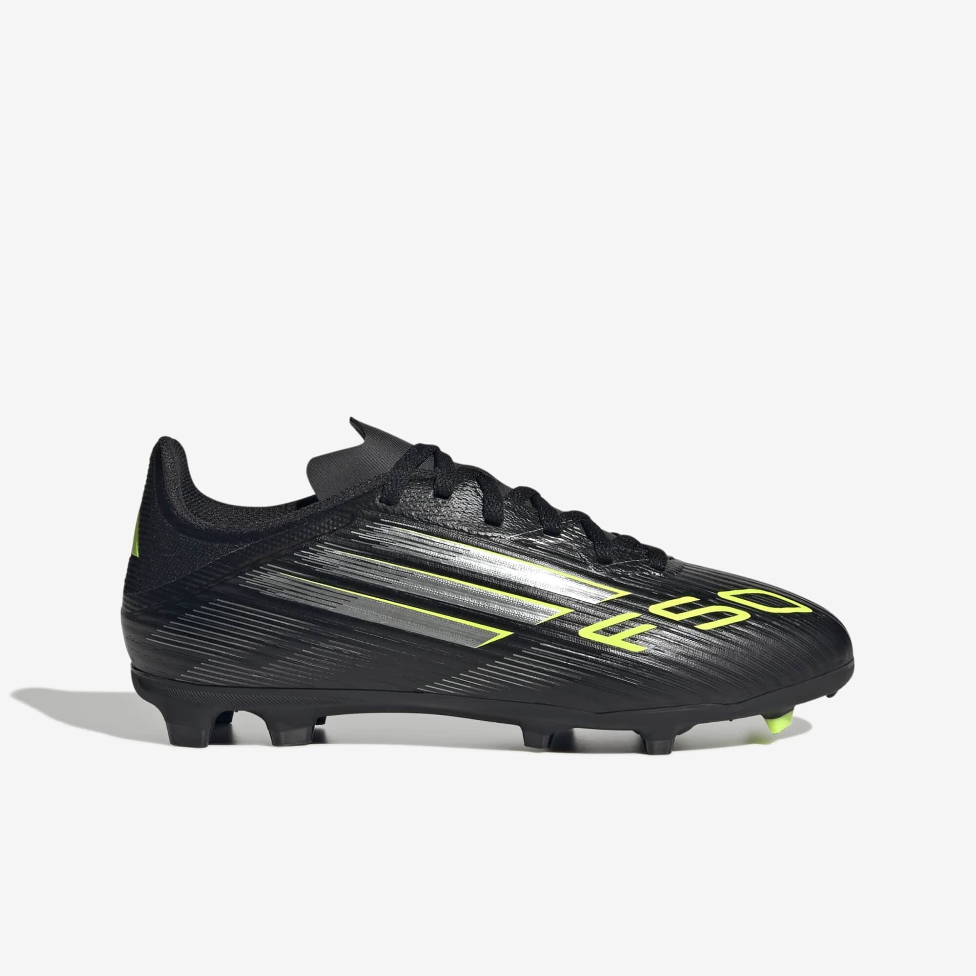 adidas Jr. F50 League Kids' Firm/Multi-Ground Low-Top Soccer Cleats - Core Black / Iron Metallic / Lucid Lemon