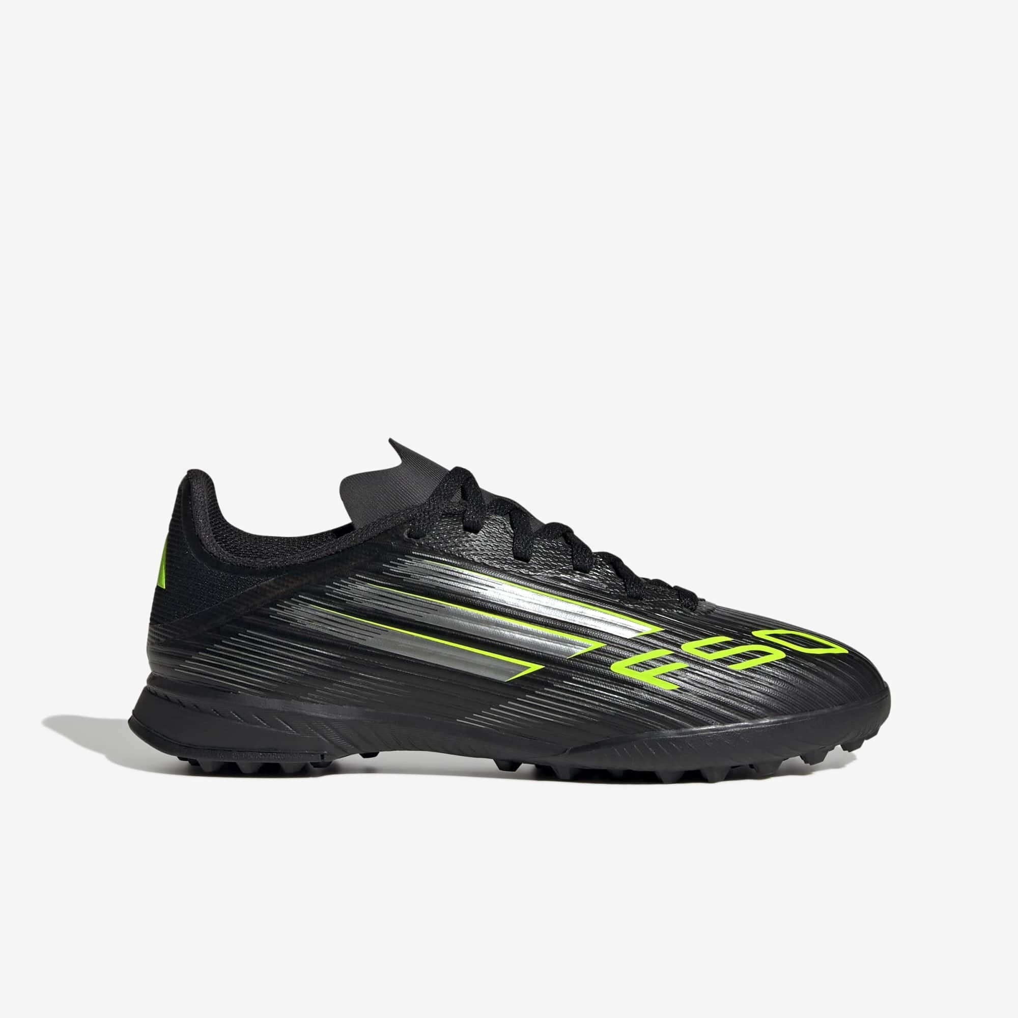 adidas Jr. F50 League Big Kids' Turf Low-Top Soccer Shoes - Core Black / Iron Metallic / Lucid Lemon