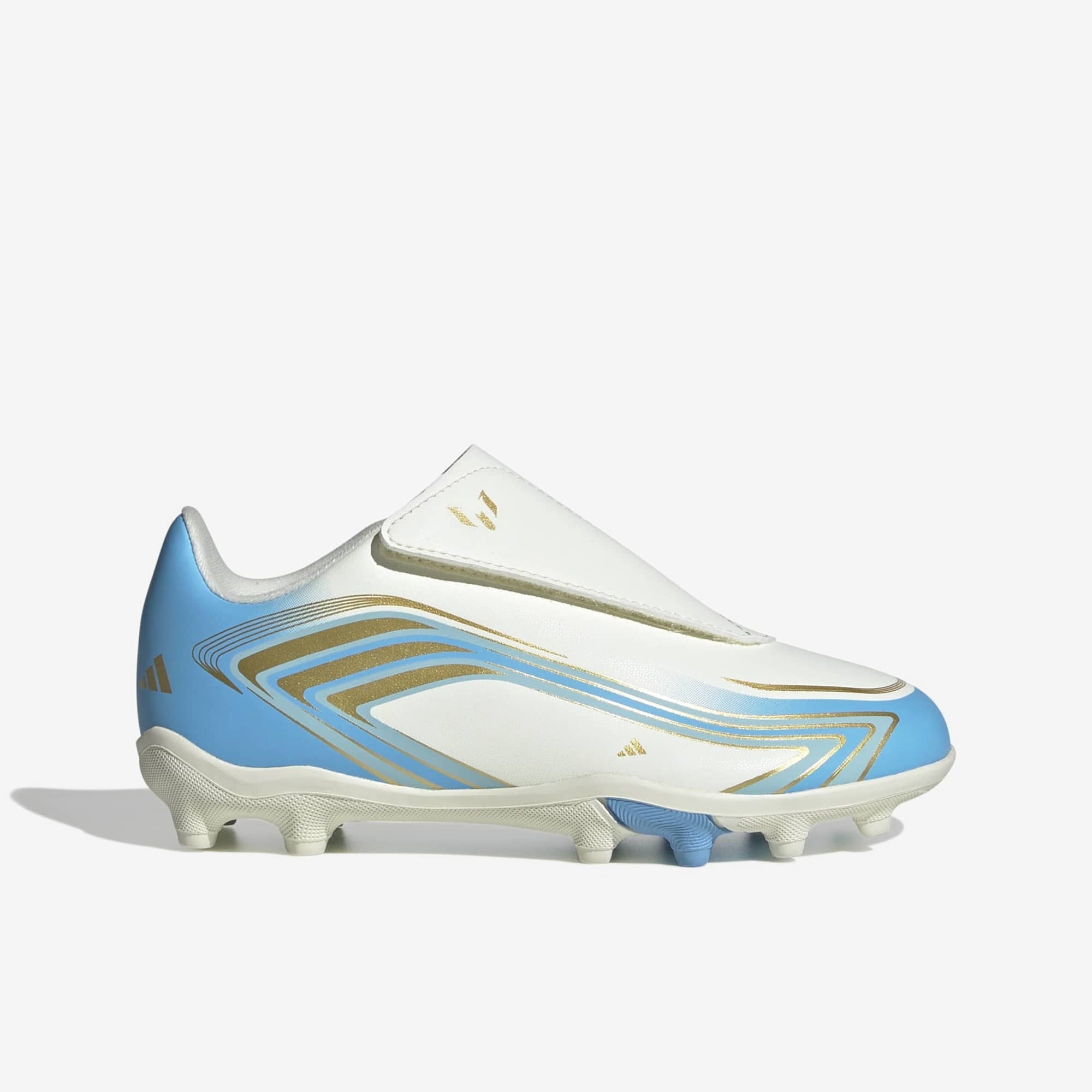 adidas Jr. F50 Messi Club Velcro Little Kids' Firm/Multi-Ground Low-Top Soccer Cleats - Ivory / Semi Blue Burst / Icey Blue