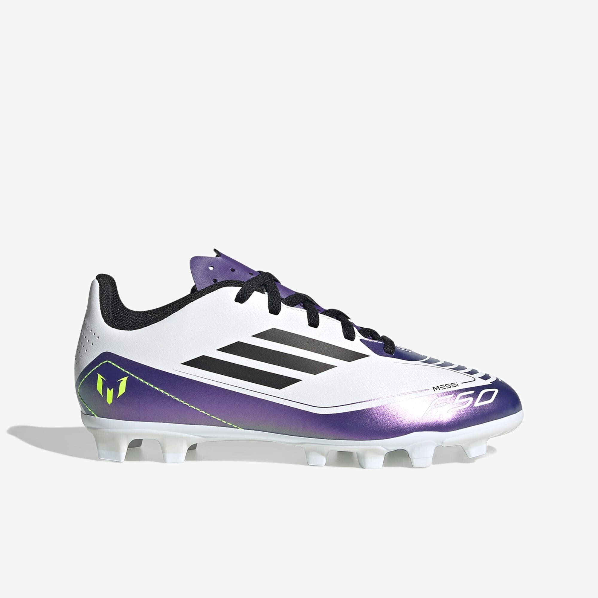 adidas Jr. Messi F50 Club Little/Big Kids' MG Low-Top Soccer Cleats - White / Core Black / Unity Purple