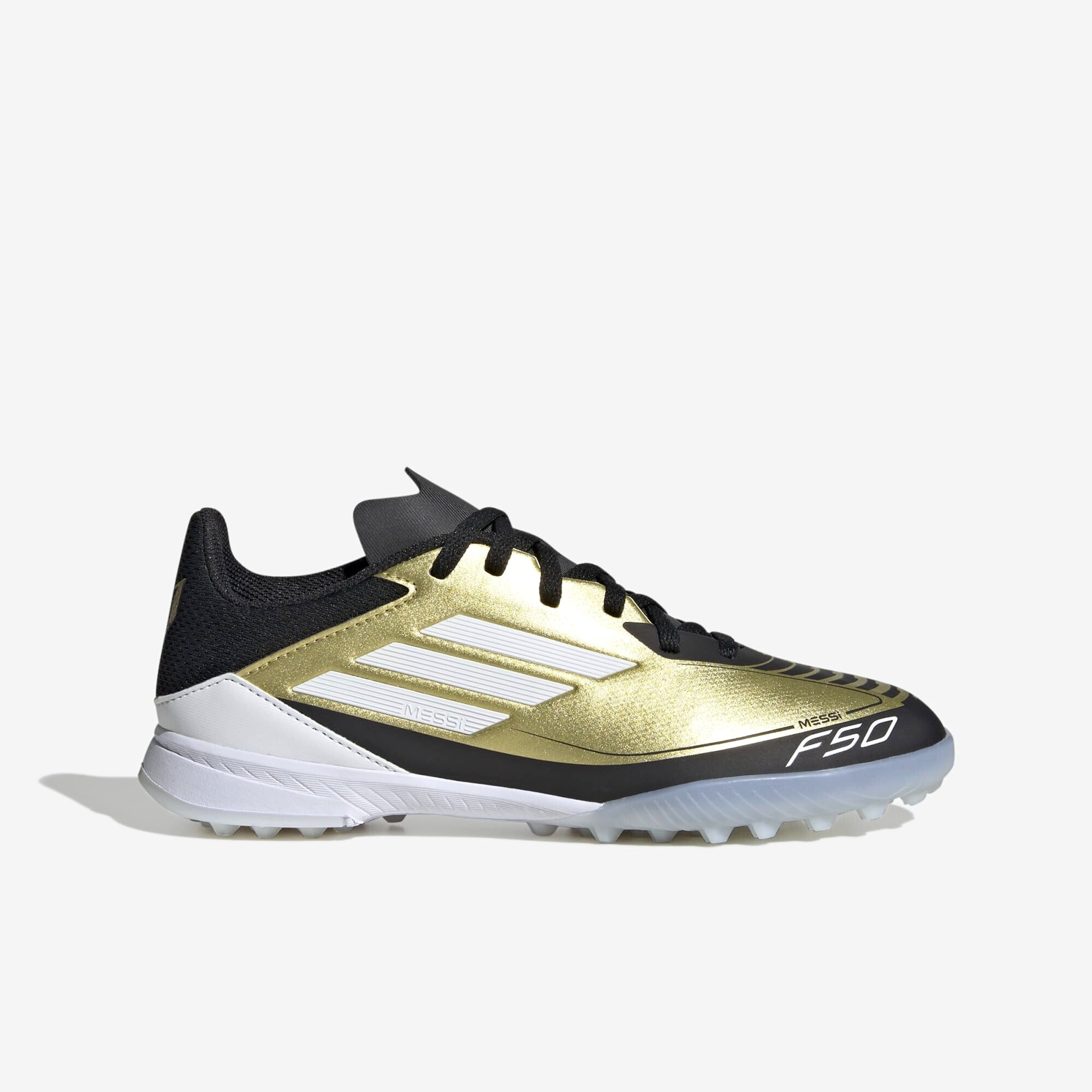 adidas Jr. Messi F50 League Little/Big Kids' TF Low-Top Soccer Shoes - Gold Metallic / Cloud White / Core Black