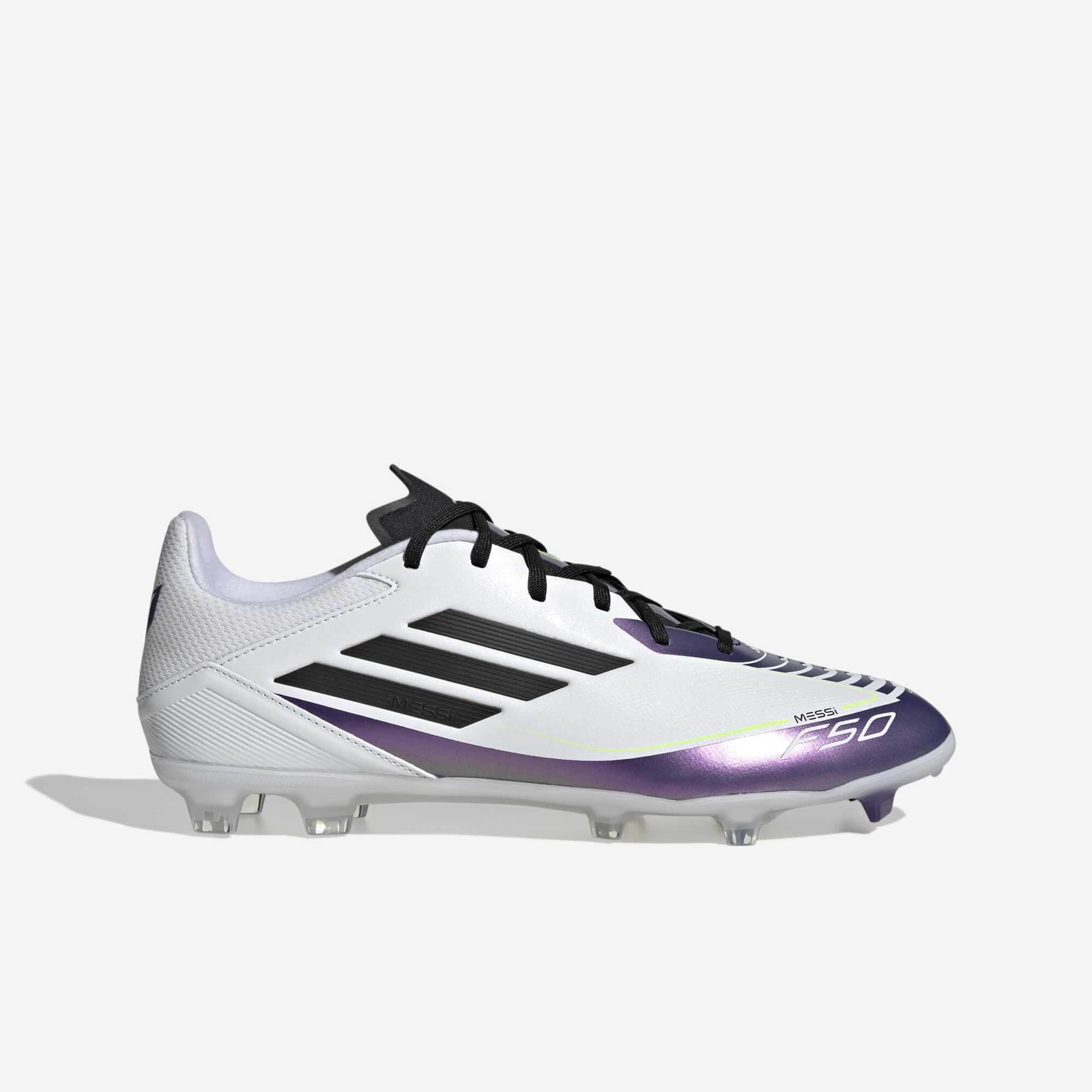 adidas Messi F50 League Firm/Multi-Ground Low-Top Soccer Cleats - Cloud White / Core Black / Purple